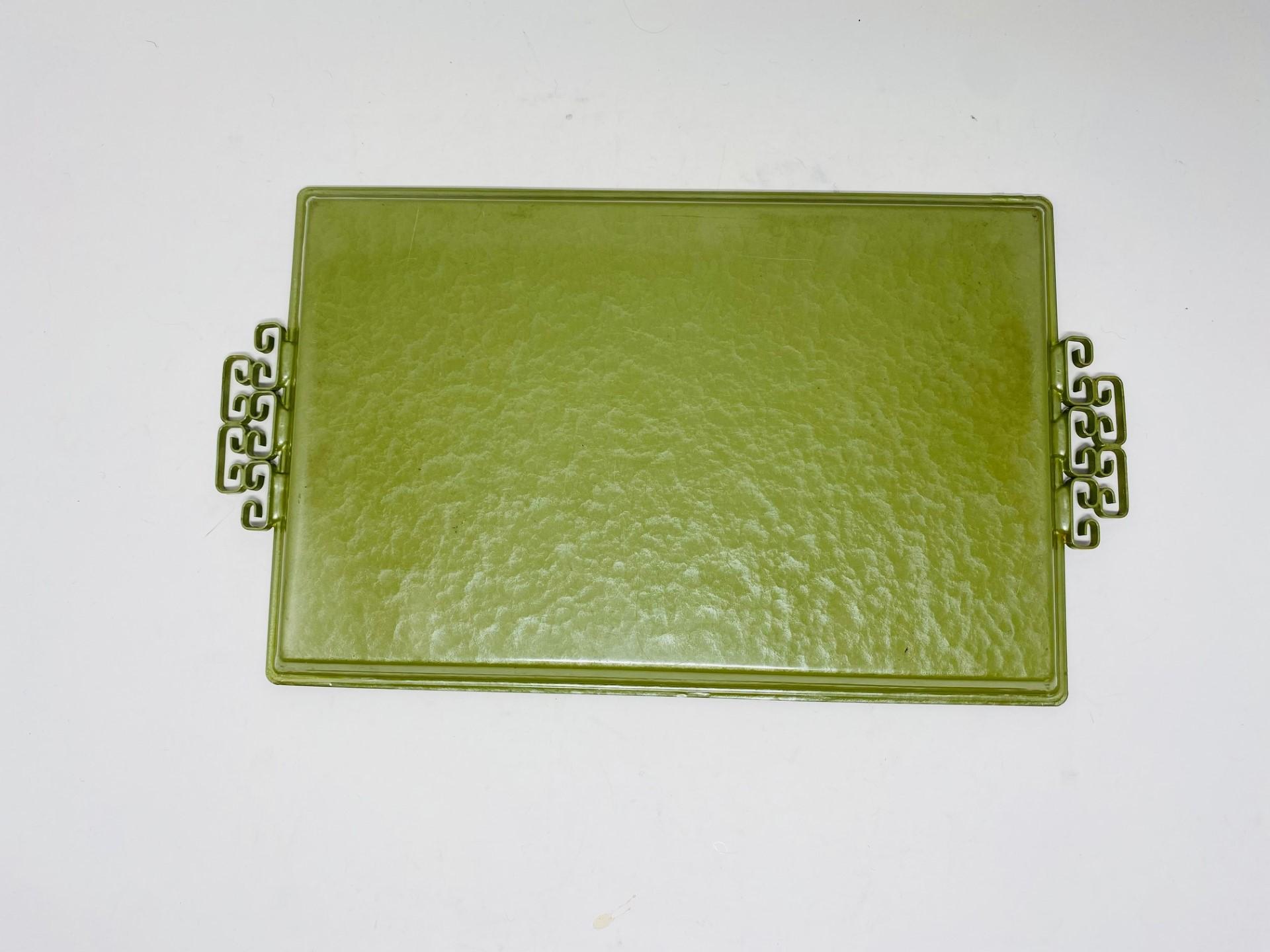 American Vintage Mid Century Kyes Moire’ Glaze Brass and Enamel Green Tray 1960s For Sale