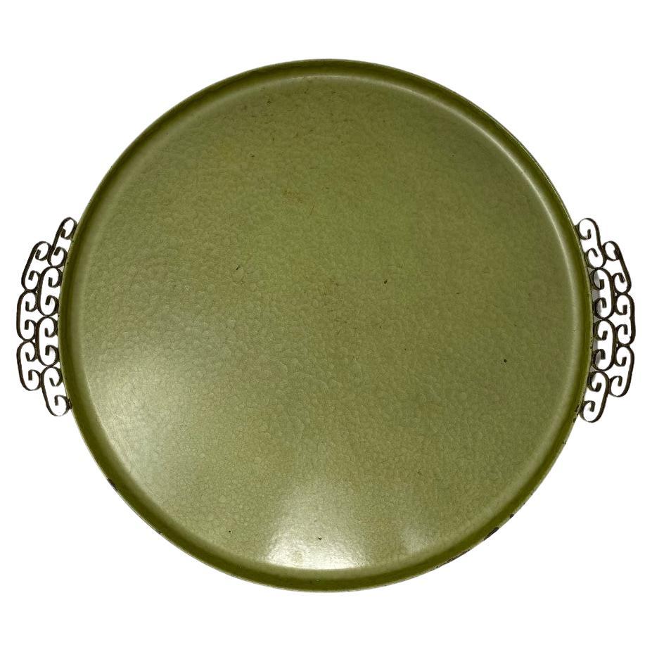 Vintage Mid Century Kyes Moire' Glaze Brass and Enamel Green Tray 1960s