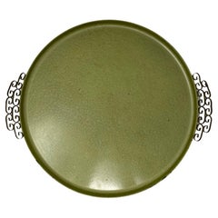 Retro Mid Century Kyes Moire’ Glaze Brass and Enamel Green Tray 1960s
