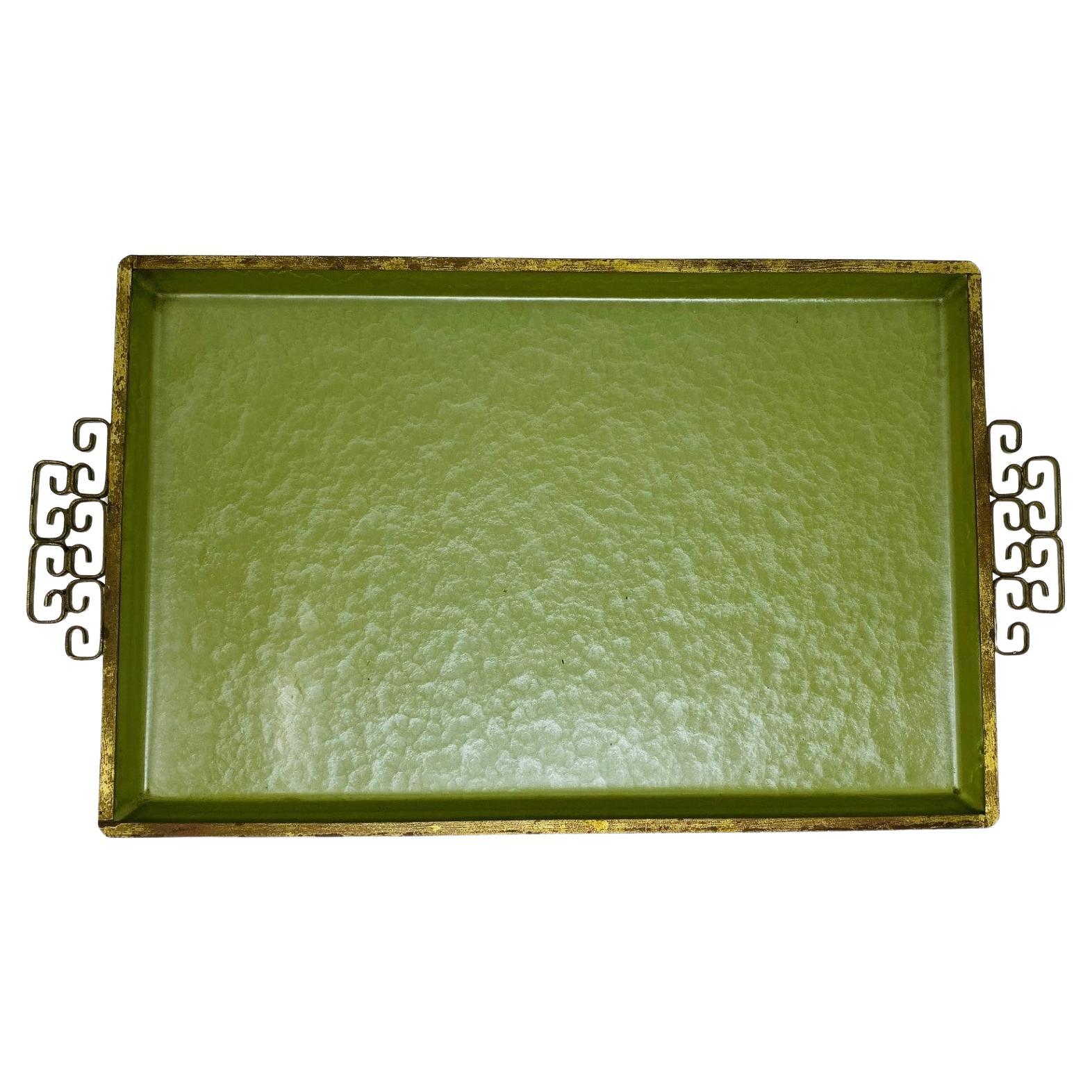 Vintage Mid Century Kyes Moire’ Glaze Brass and Enamel Green Tray 1960s