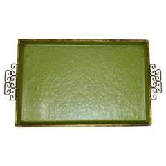 Vintage Mid Century Kyes Moire’ Glaze Brass and Enamel Green Tray 1960s