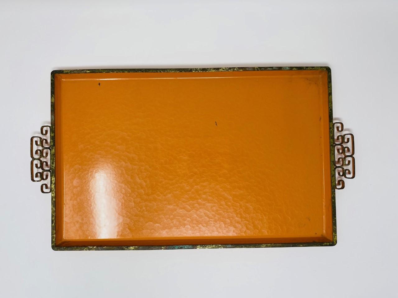 Mid-20th Century Vintage Mid Century Kyes Moire’ Glaze Brass and Enamel Orange Tray 1960s