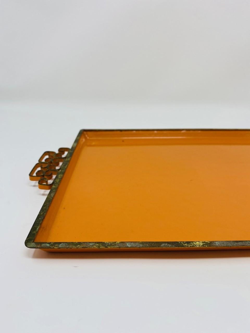 Vintage Mid Century Kyes Moire’ Glaze Brass and Enamel Orange Tray 1960s 1