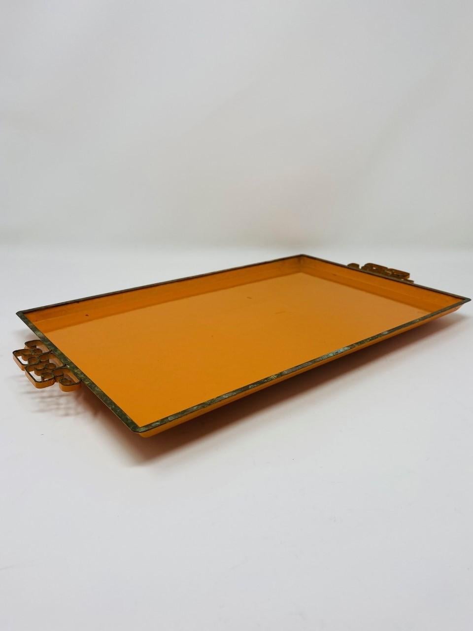 Vintage Mid Century Kyes Moire’ Glaze Brass and Enamel Orange Tray 1960s 2