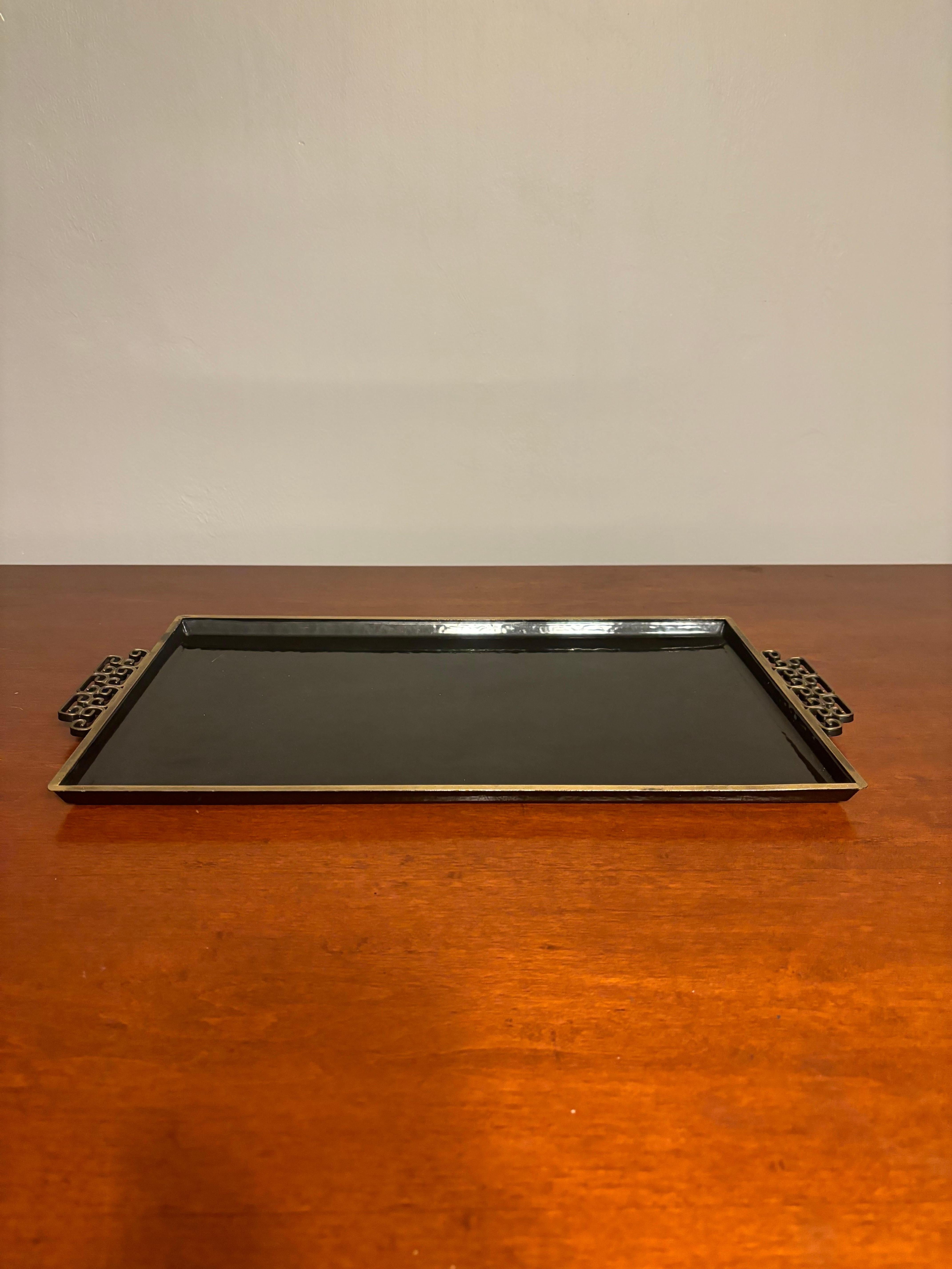 Hollywood Regency Vintage Mid Century Kyes Moire Glaze Brass and Enamel Tray, Black, 1960s For Sale
