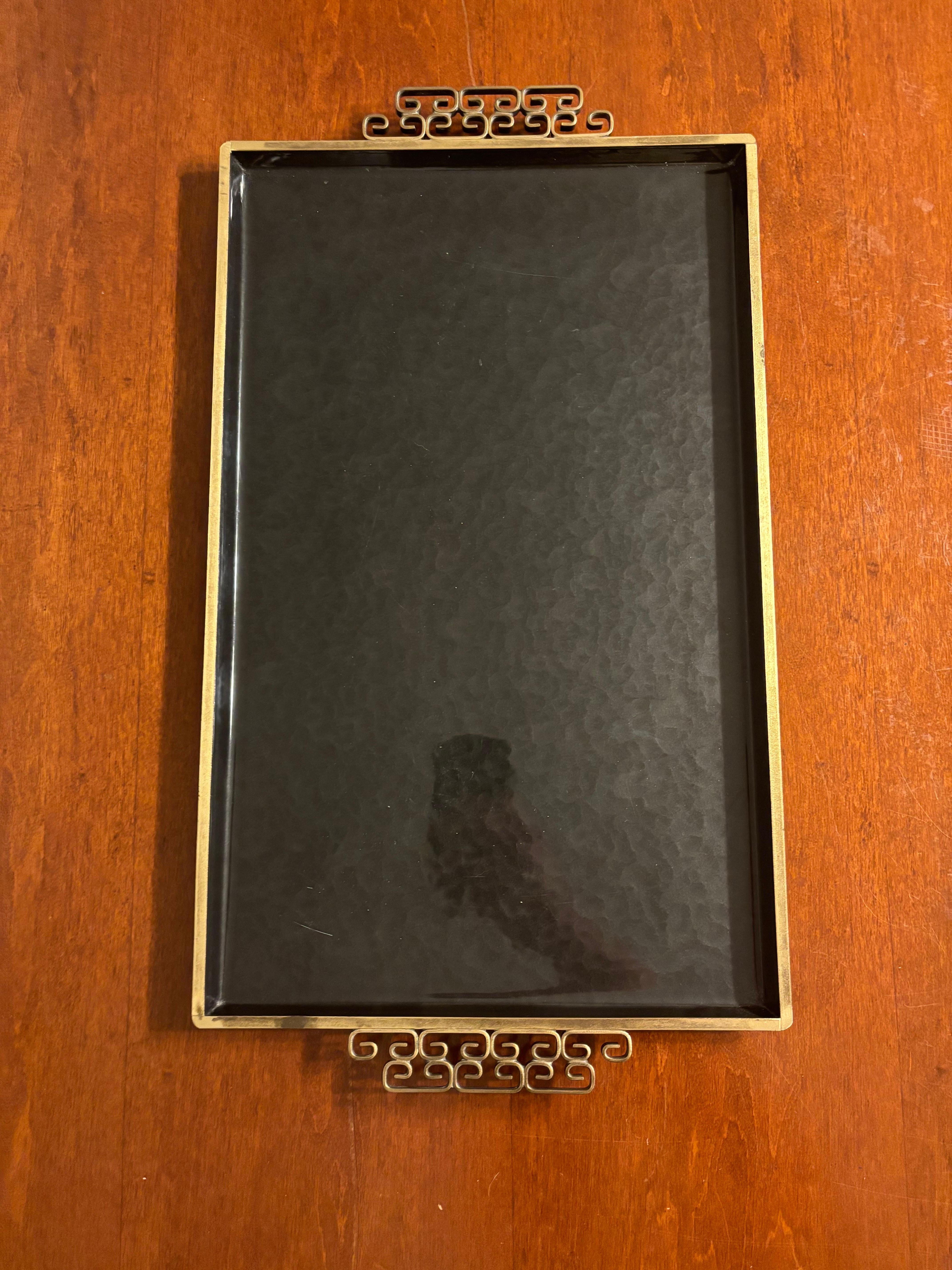 American Vintage Mid Century Kyes Moire Glaze Brass and Enamel Tray, Black, 1960s For Sale