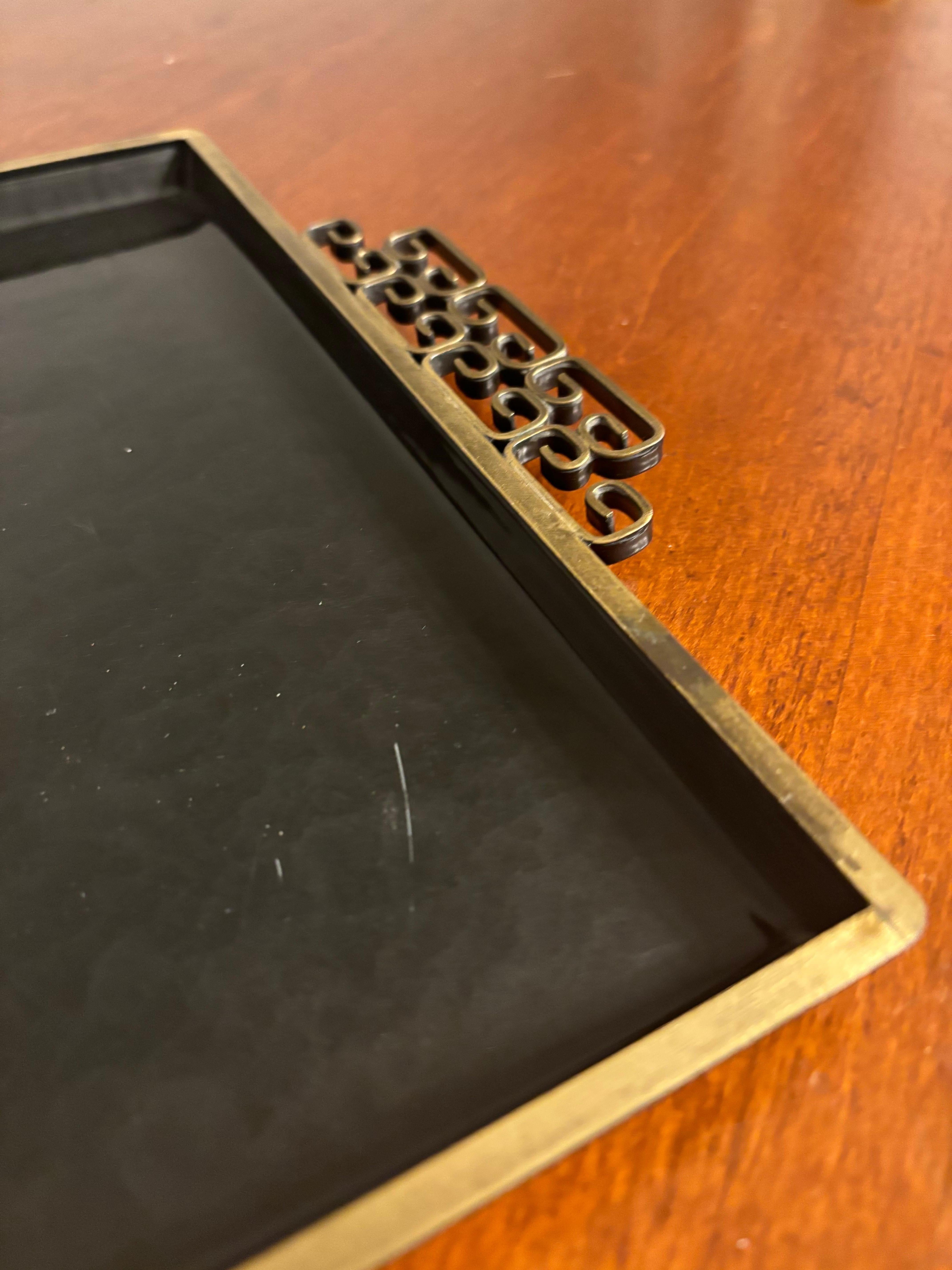 Vintage Mid Century Kyes Moire Glaze Brass and Enamel Tray, Black, 1960s In Good Condition For Sale In Boynton Beach, FL