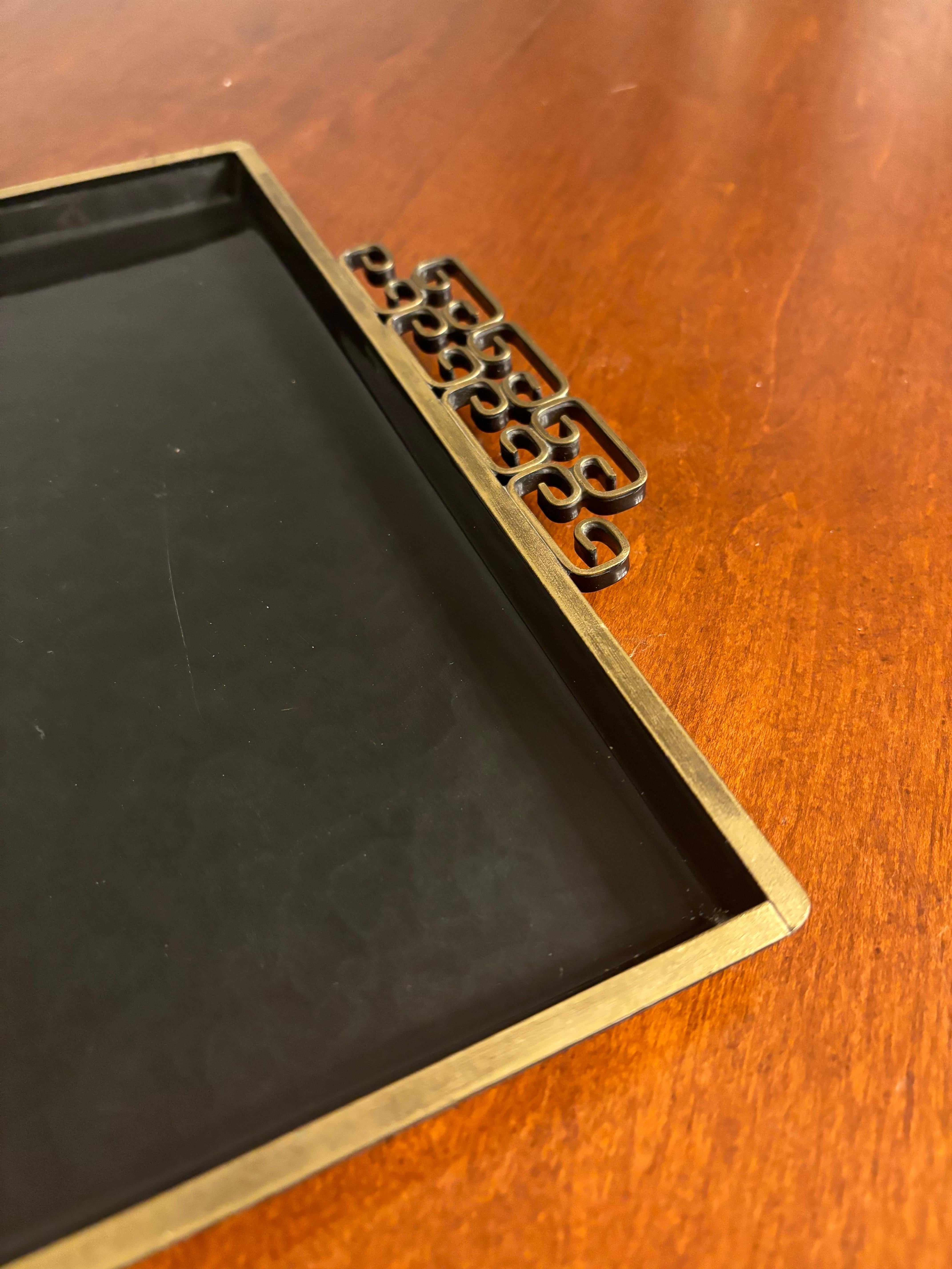 20th Century Vintage Mid Century Kyes Moire Glaze Brass and Enamel Tray, Black, 1960s For Sale