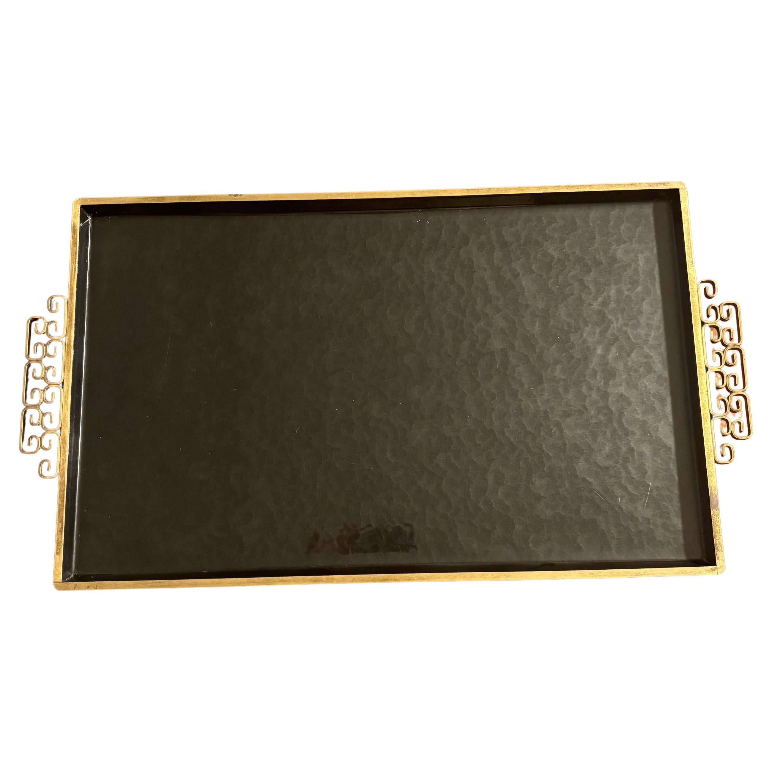 Vintage Mid Century Kyes Moire Glaze Brass and Enamel Tray, Black, 1960s For Sale