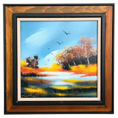 Vintage Mid Century Landscape Oil Painting with Seagulls