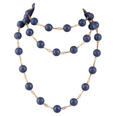 Vintage Mid-Century Lapis Lazuli Collana lunga con perline in oro giallo 18k