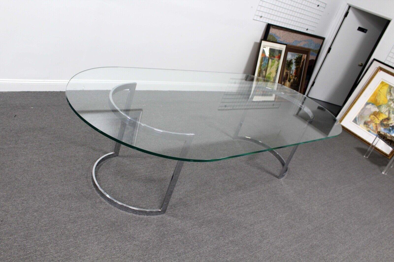 Glass Vintage Mid Century Large Milo Baughman Attr Chrome Curved Base Dining Table