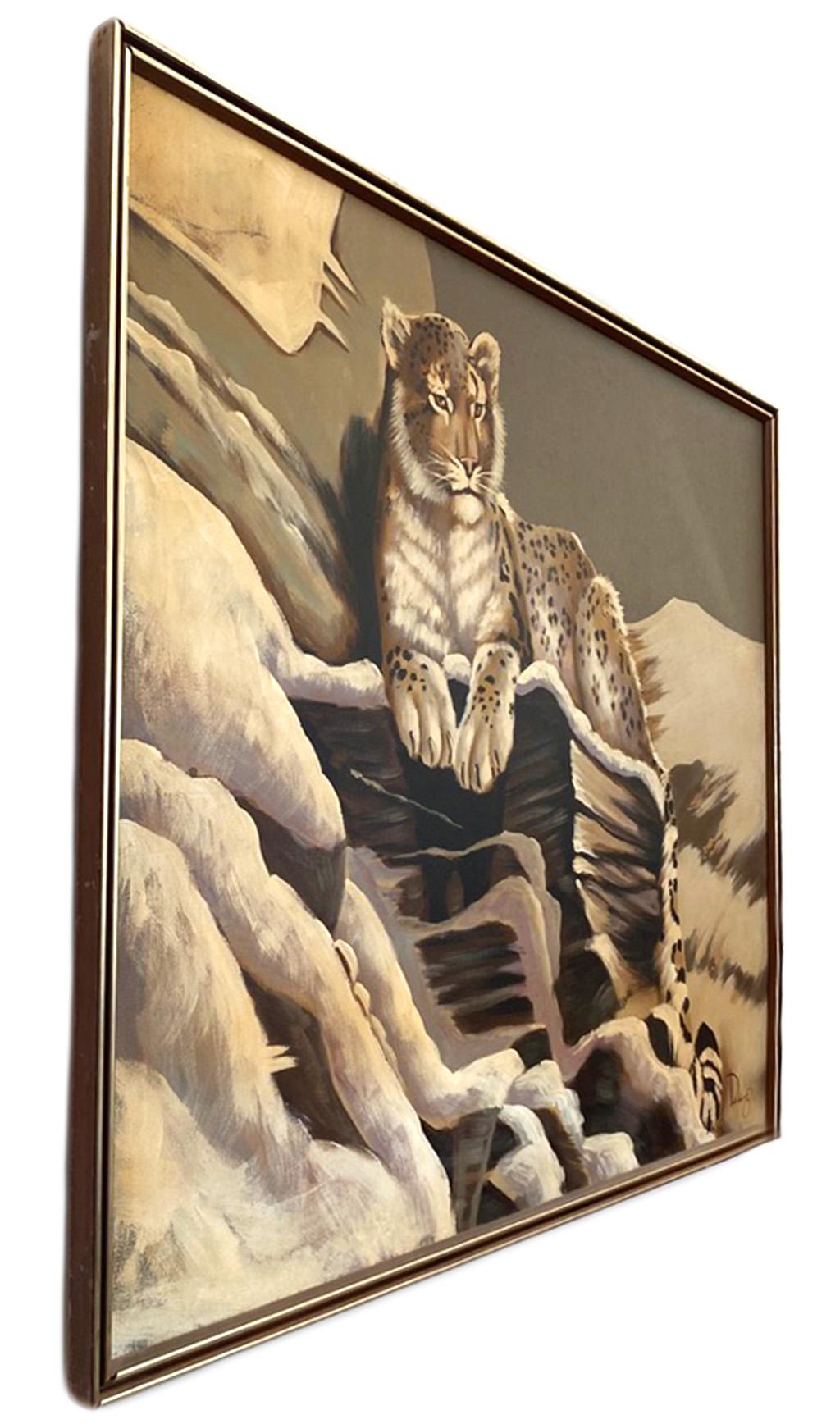 Large format Vintage Mid-Century Modern painting of a Snow Leopard. The painting maintains its original frame and is signed by the artist.   The theme of this painting was very popular in its era and has seen a large resurgence in popularity in