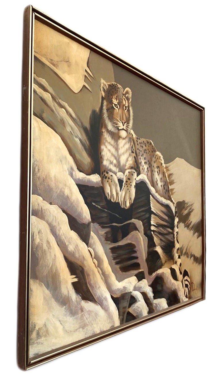 Vintage Mid-Century Large Snow Leopard Painting in Original Frame For ...