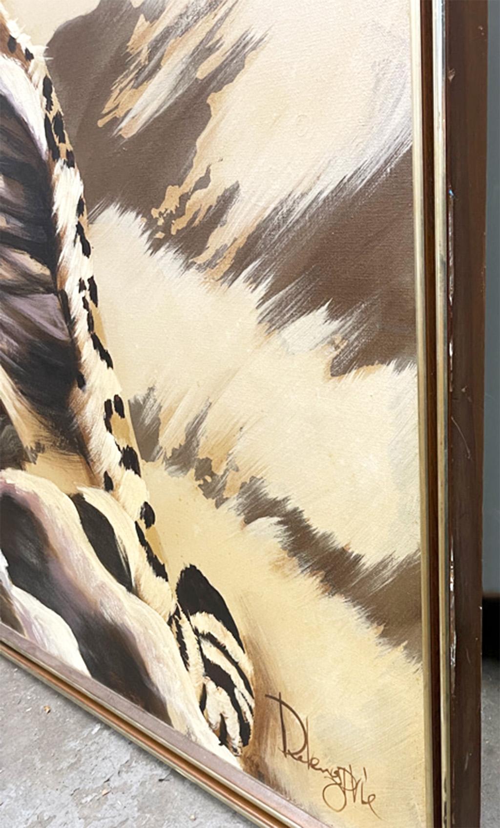 Grande peinture de léopard des neiges du milieu du siècle dans son cadre d'origine Bon état - En vente à Wichita, KS