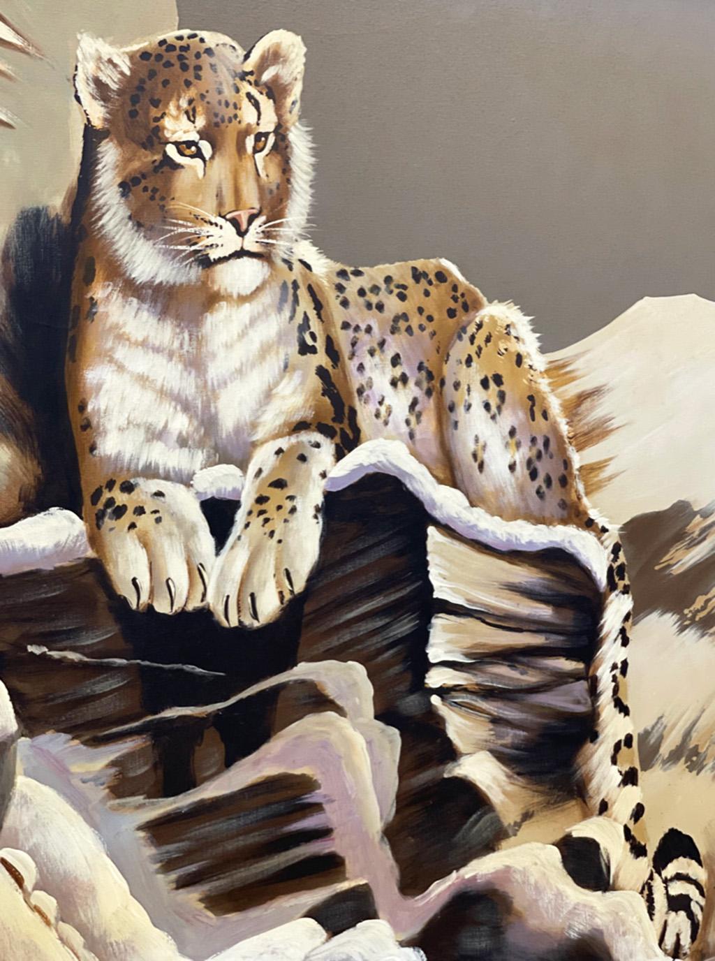 20ième siècle Grande peinture de léopard des neiges du milieu du siècle dans son cadre d'origine en vente