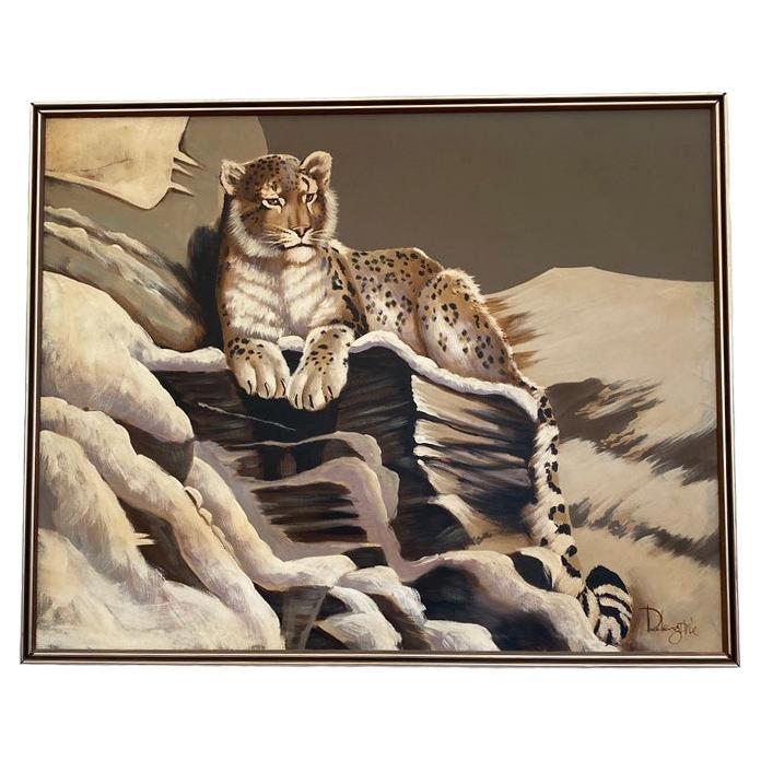 Vintage Mid-Century Large Snow Leopard Painting in Original Frame For Sale