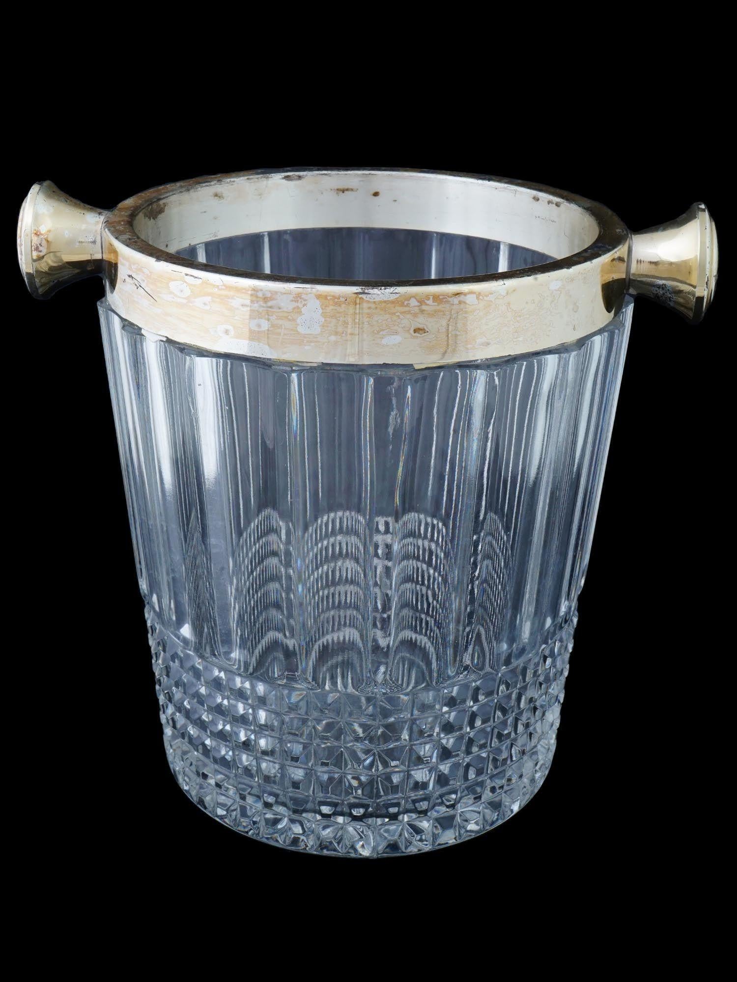 Mid-Century Modern Vintage Mid-Century Leaded Glass Silver Plate Ice Bucket For Sale