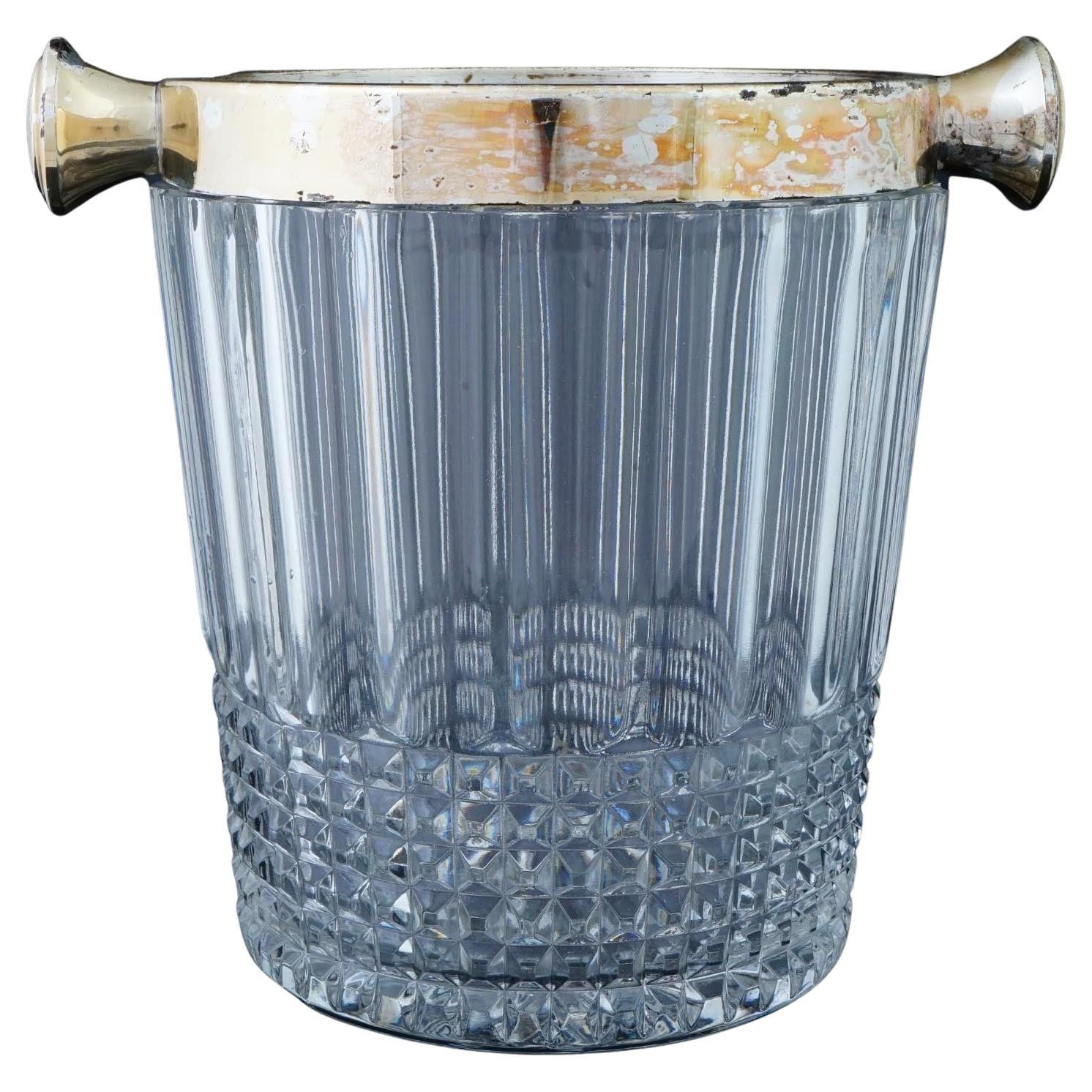 Vintage Mid-Century Leaded Glass Silver Plate Ice Bucket For Sale