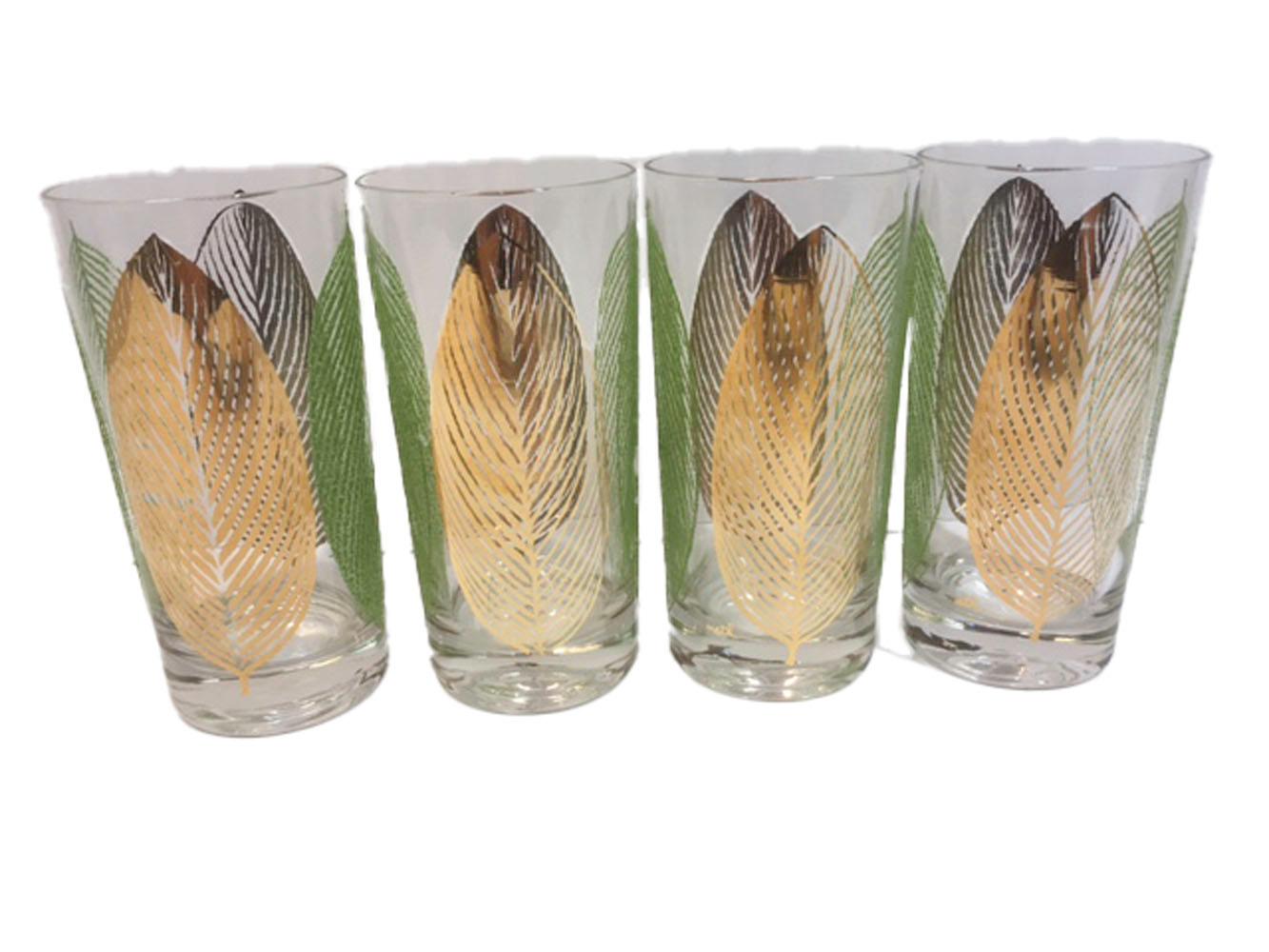 Mid-Century Modern Vintage Mid Century Leaf Highball Glasses in 22k Gold and Green Enamel by Meth