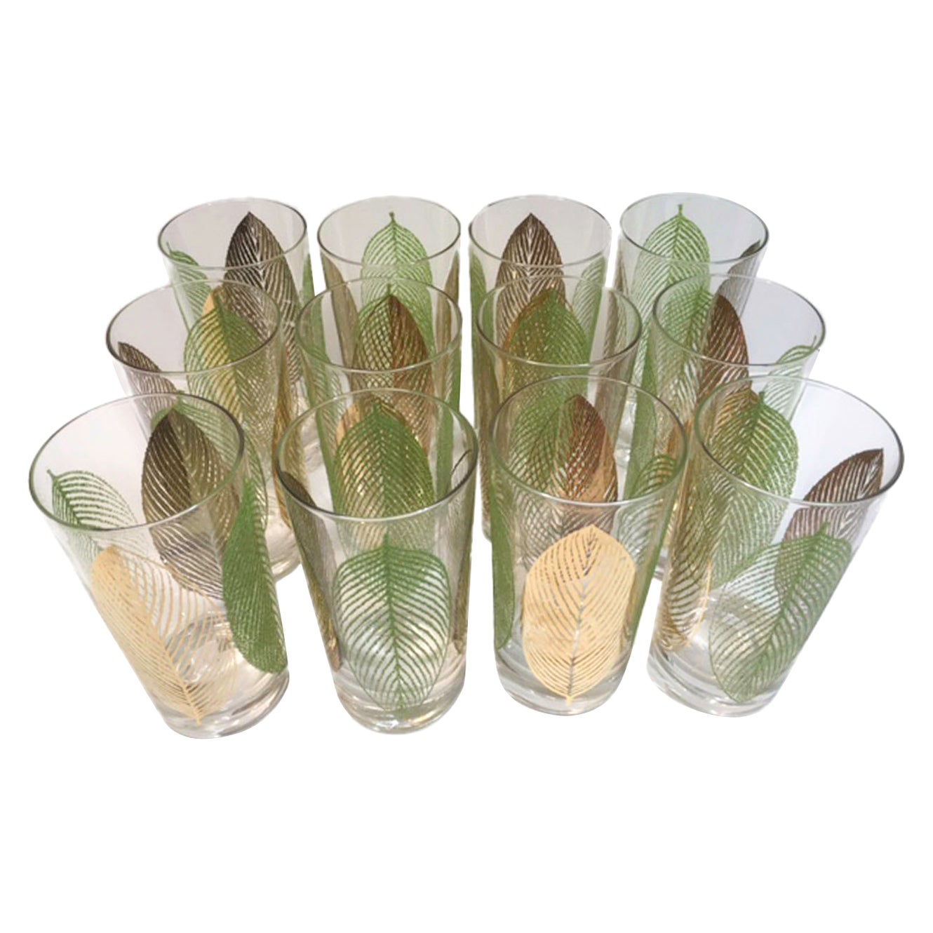 Vintage Mid Century Leaf Highball Glasses in 22k Gold and Green Enamel by Meth