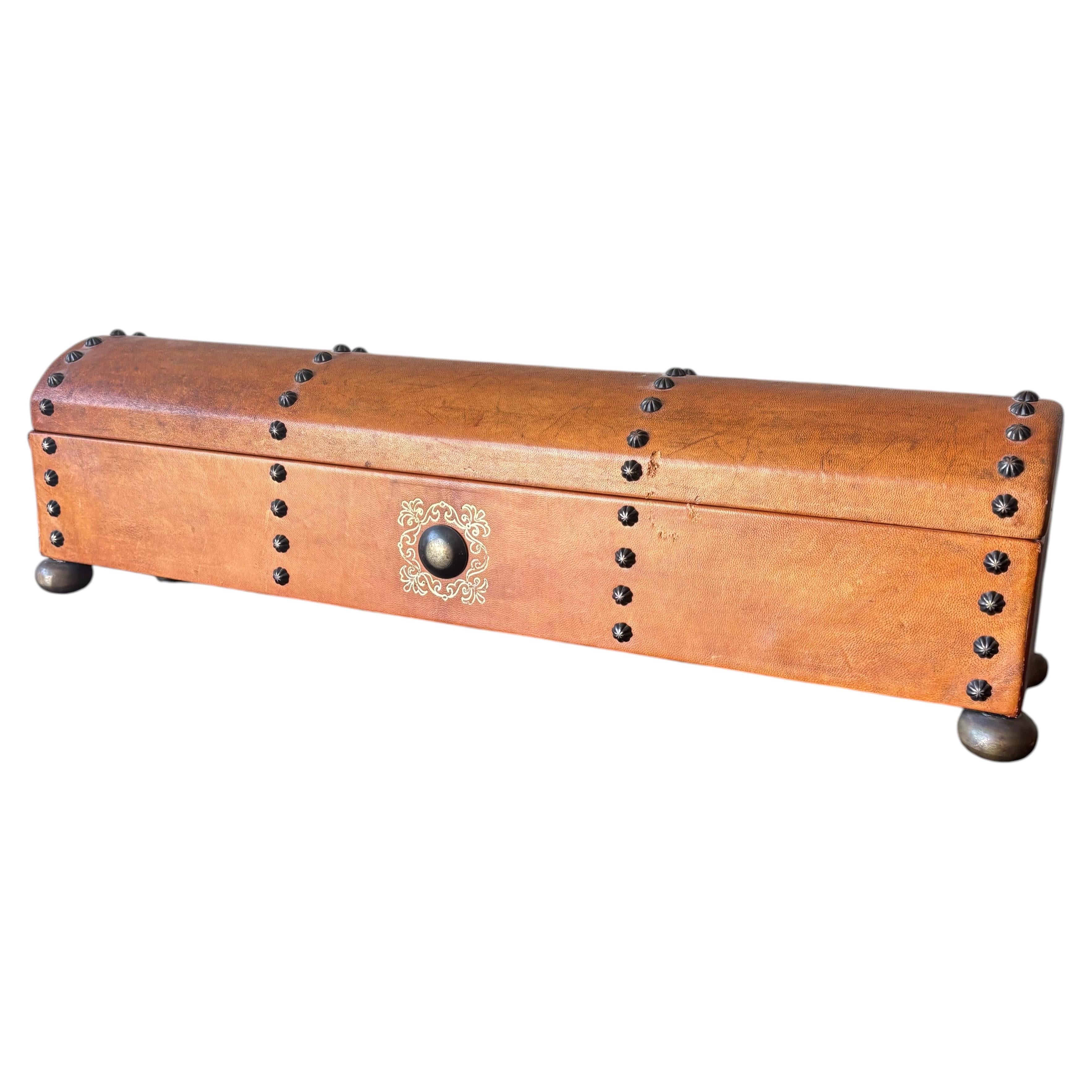 Vintage Mid-Century Leather Clad Decorative Box with Bronze Accents