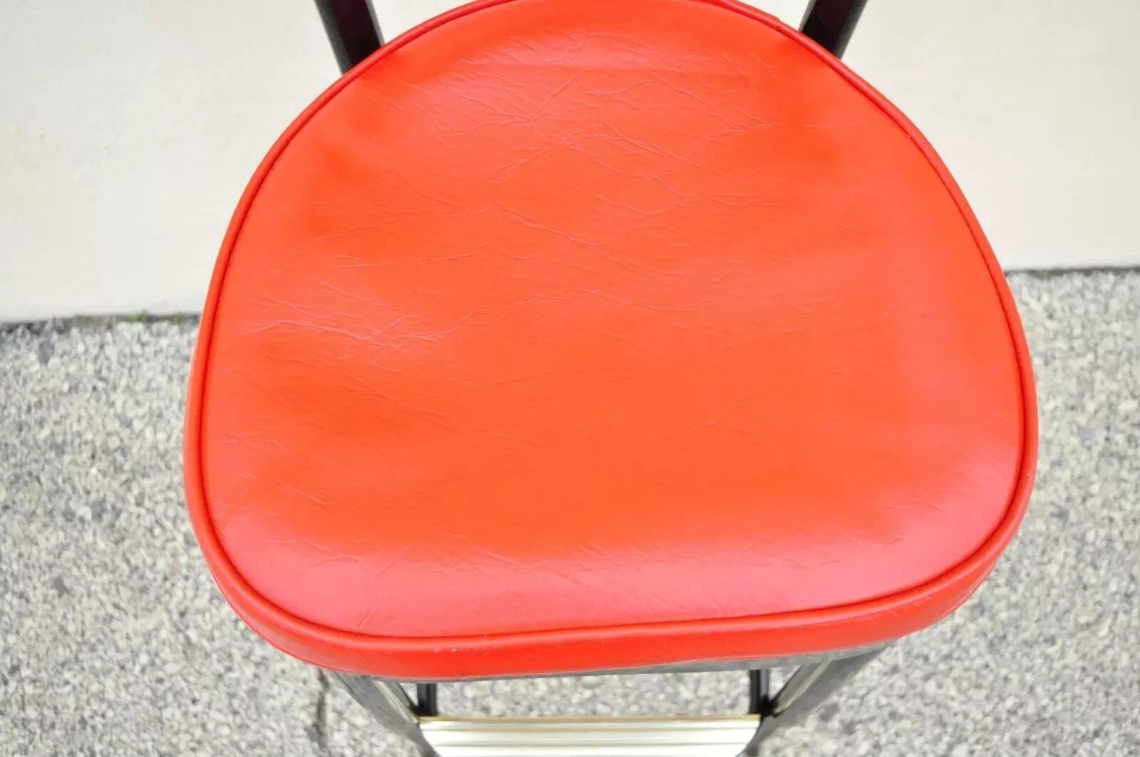 Unknown Vintage Mid Century Lion Brand Black Metal Red Vinyl Italian Style Barstool For Sale