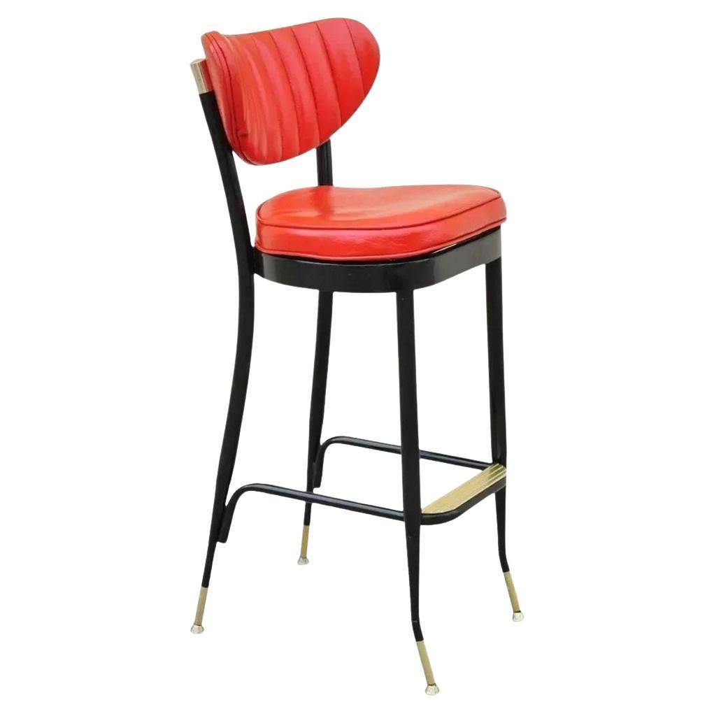Vintage Mid Century Lion Brand Black Metal Red Vinyl Italian Style Barstool For Sale