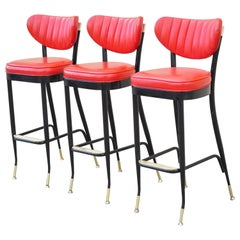 Retro Midcentury Lion Brand Black Red Vinyl Italian Style Barstools, Set of 3