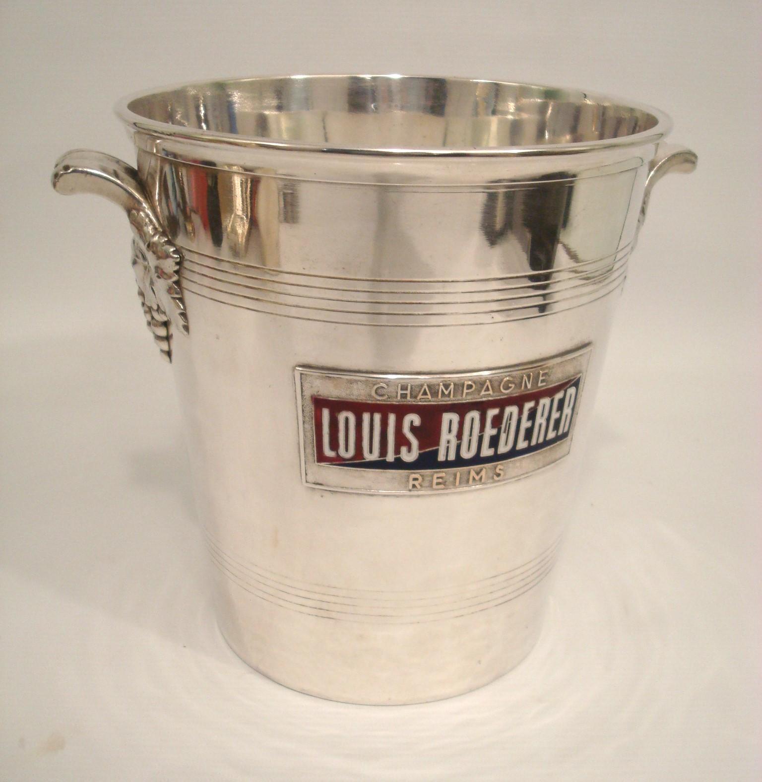 Vintage Mid-Century Louis Roederer Champagne Enamel Cooler  Bucket, Argit France. A vintage brass silvered Louis Roederer Champagne ice bucket. Made in France. Stamped Argit Made in France.
Louis Roederer is a producer of champagne based in Reims,