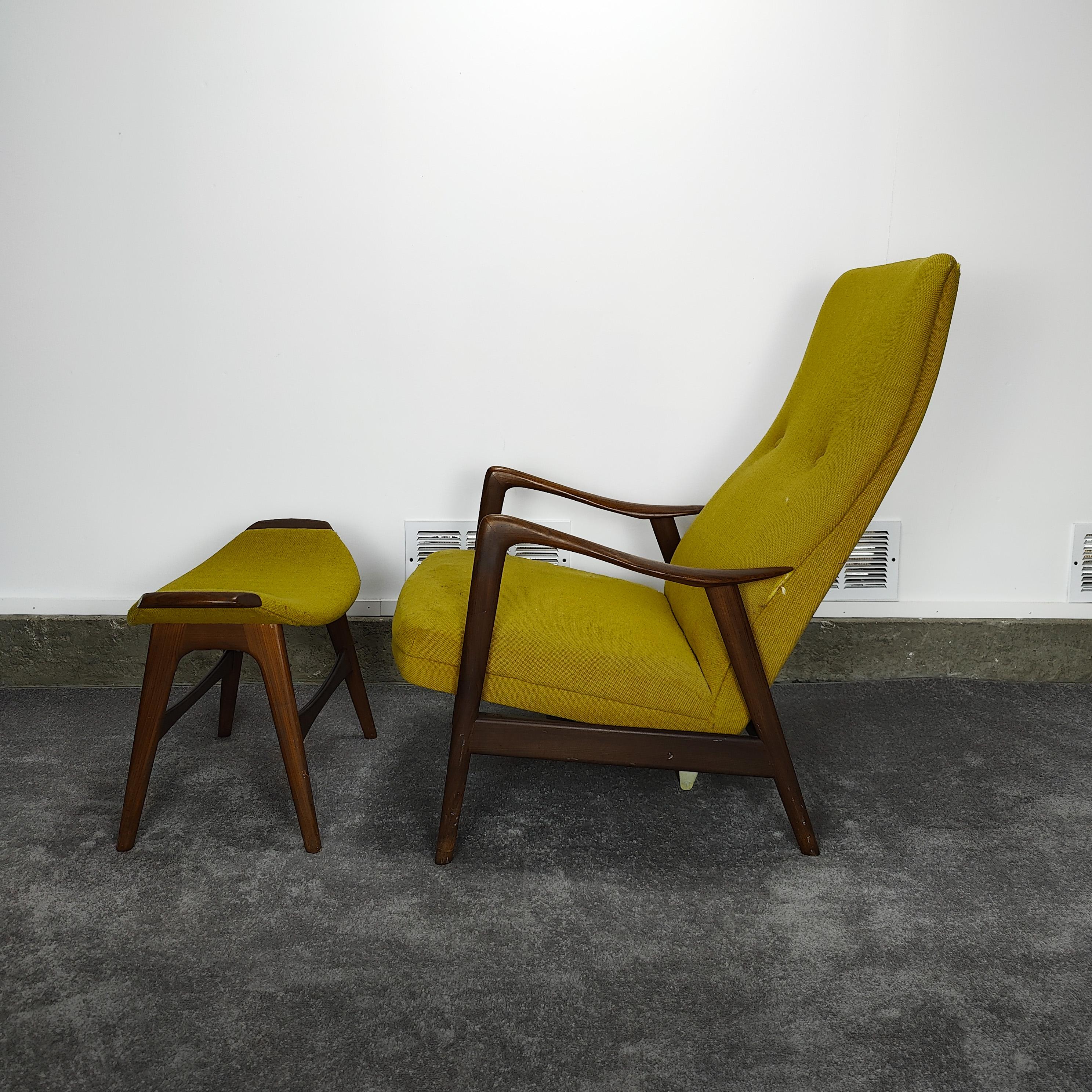 Now available is an amazing midcentury chair, true to Norwegian origins. This high back chair and ottoman in original condition and is reflected accordingly. The chair features a tilt mechanism that allows the seating position to be adjusted to your