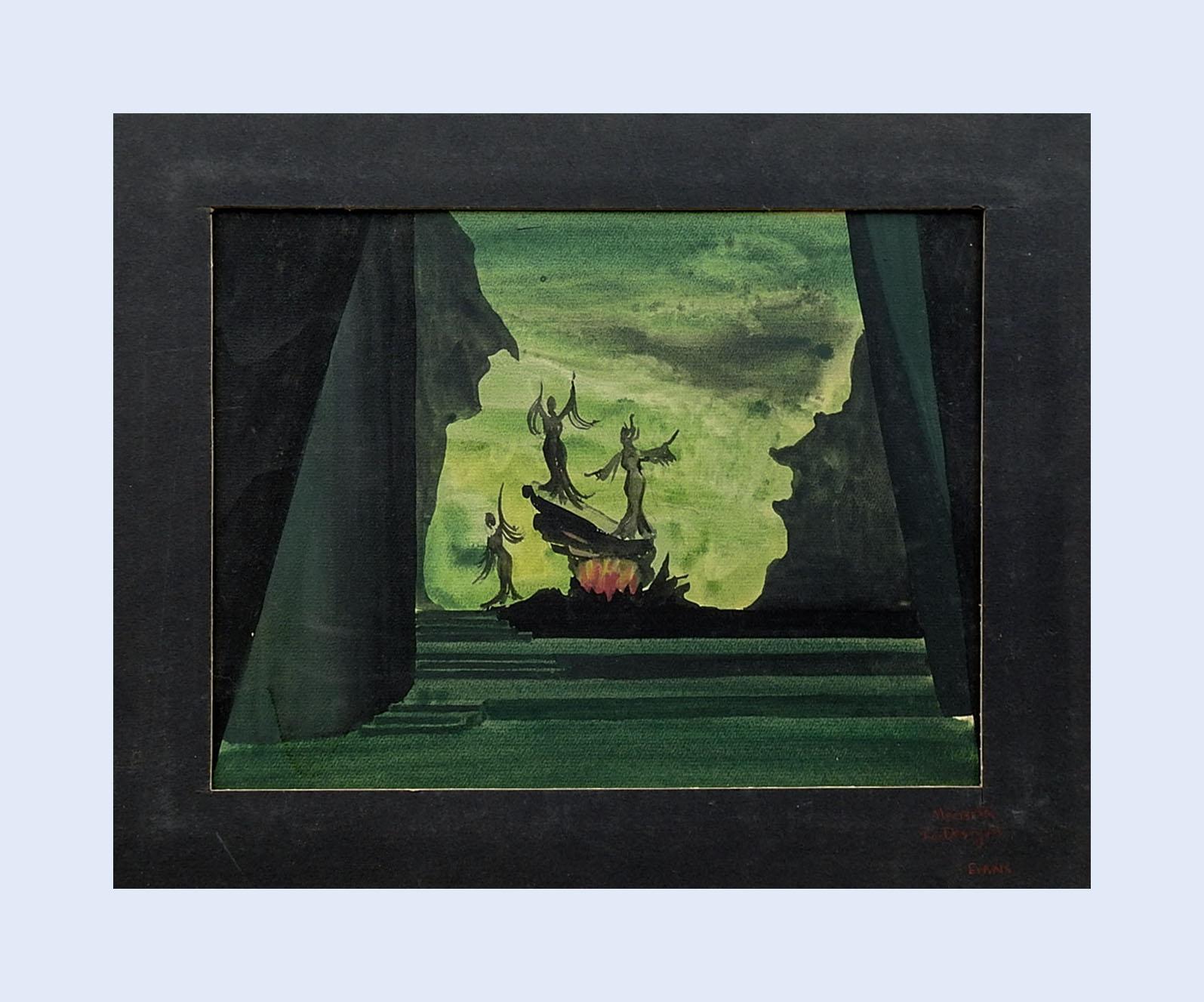 Vintage mid century gouache on artist board painting.  Set design for 3 witches in Macbeth.  Signed Evans lower right mat.  Unframed, displayed attached to black mat, scuffing to mat.