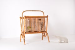 Vintage Mid-century Magazine Rack Holder in Bamboo and Rattan with Handle, 1950s
