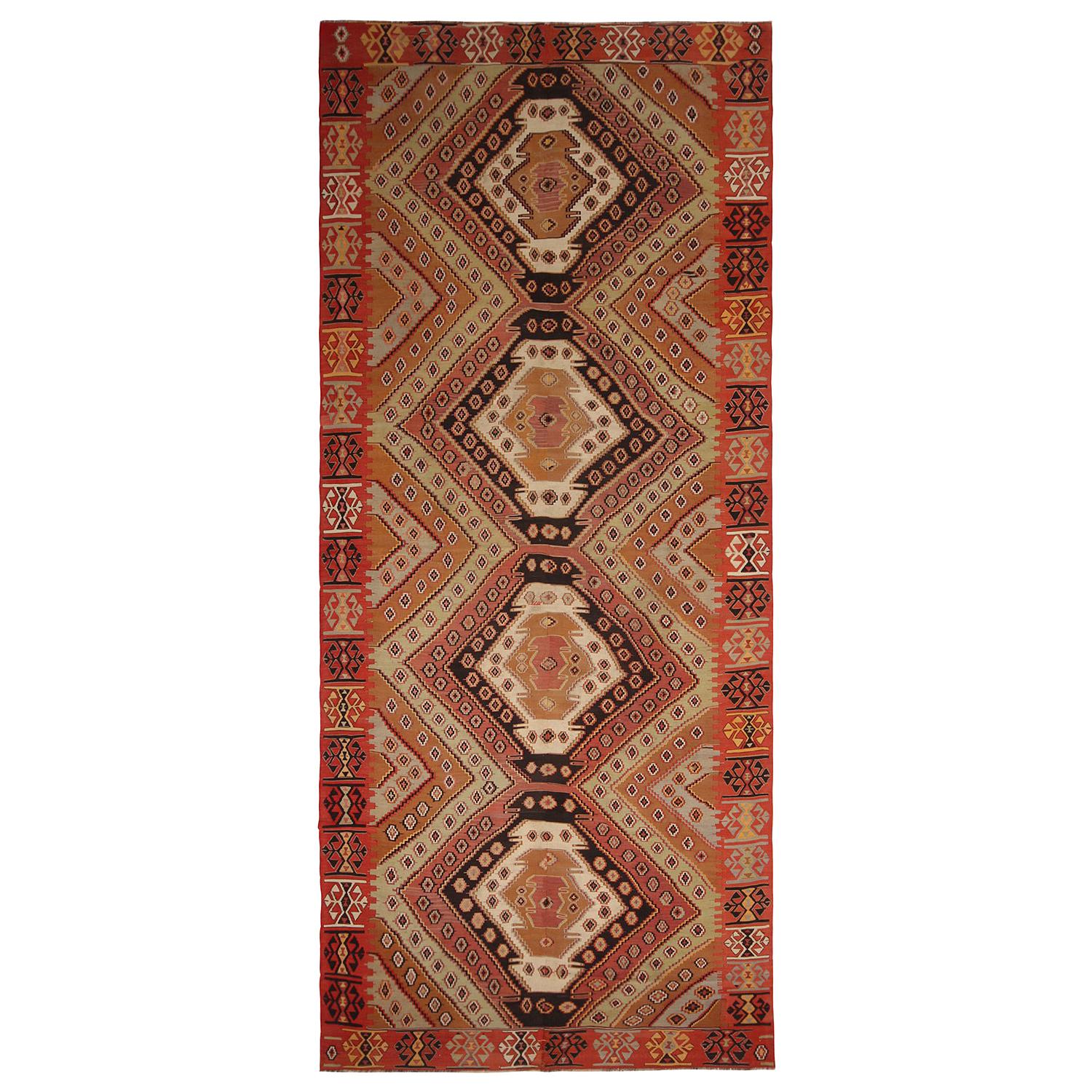 Vintage Midcentury Malatya Geometric Orange Multi-Color Wool Kilim Rug