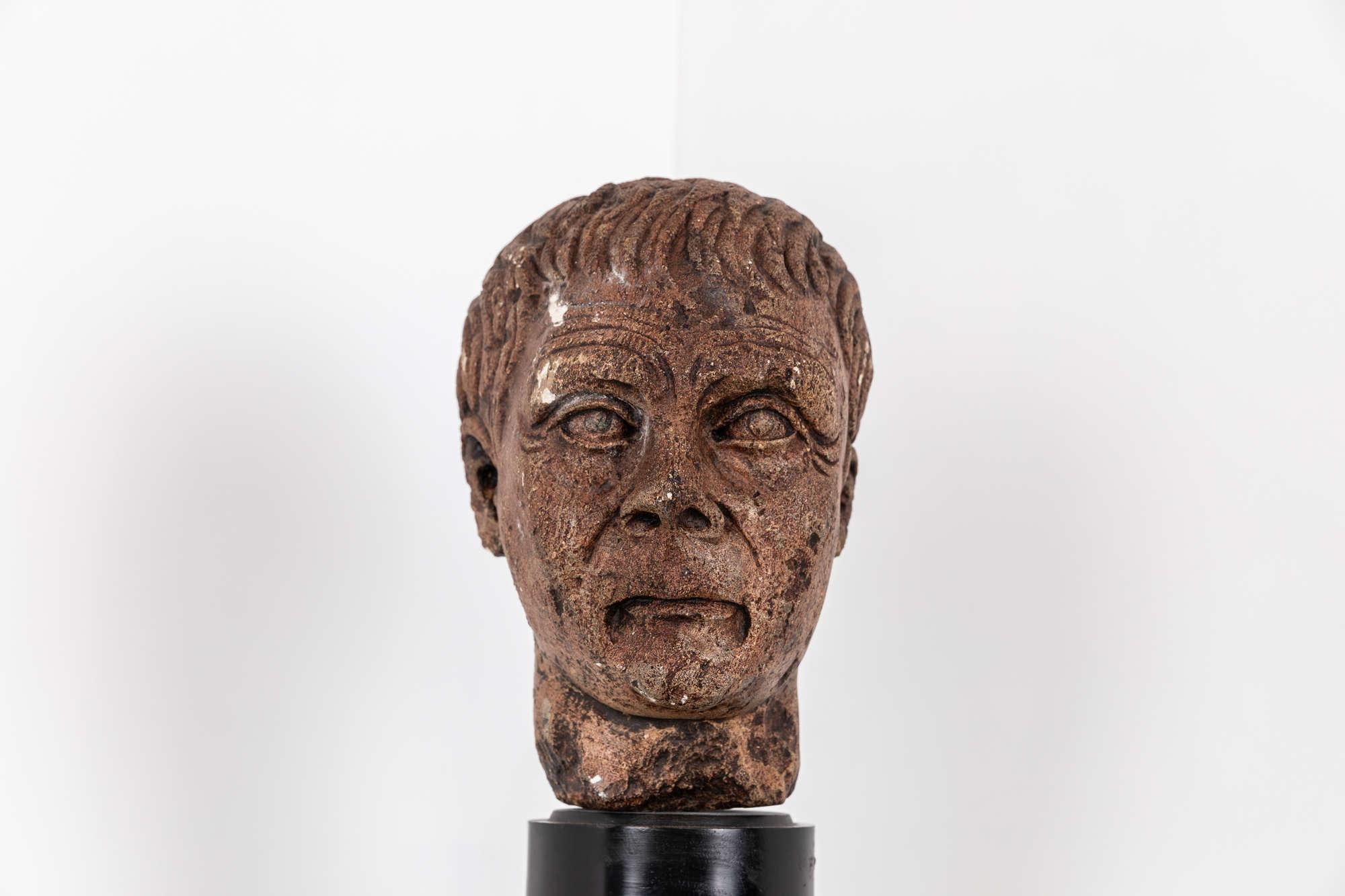 

A cast head of a gentleman on a wooden base.

Age unknown, but super decorative and skillfully sculpted. Very heavy and solid and in as found condition. Some minor losses to his extremities.
