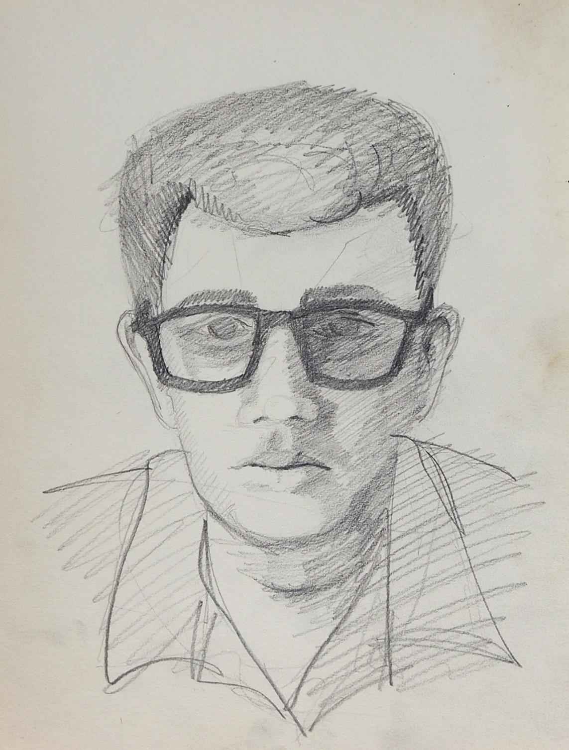 Mid-Century Modern Vintage Mid Century Man in Glasses Portrait Drawing For Sale