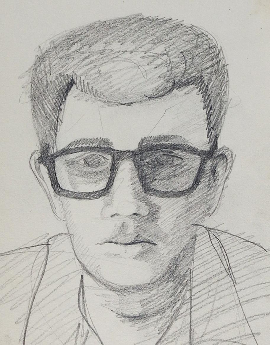 North American Vintage Mid Century Man in Glasses Portrait Drawing For Sale
