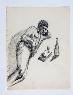 Vintage Mid-Century Man & Wine Charcoal Drawing