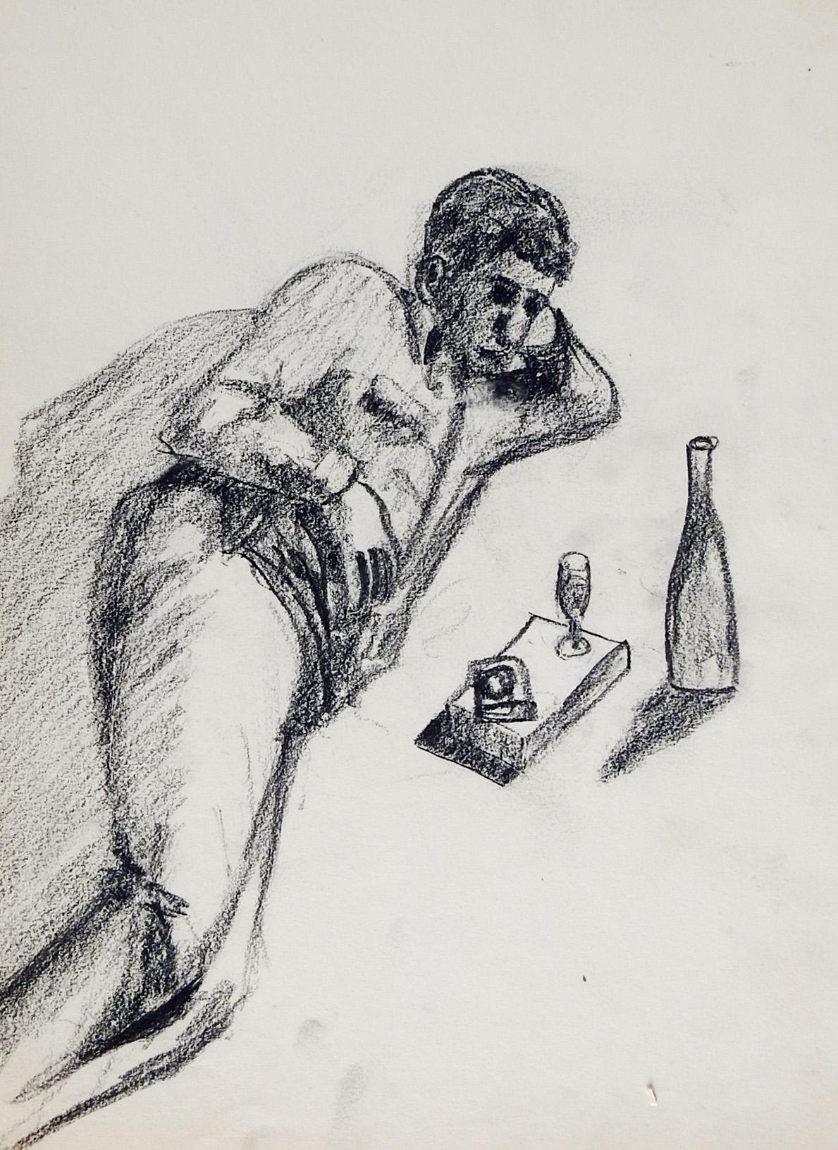 Mid-Century Modern Vintage Mid-Century Man & Wine Charcoal Drawing For Sale