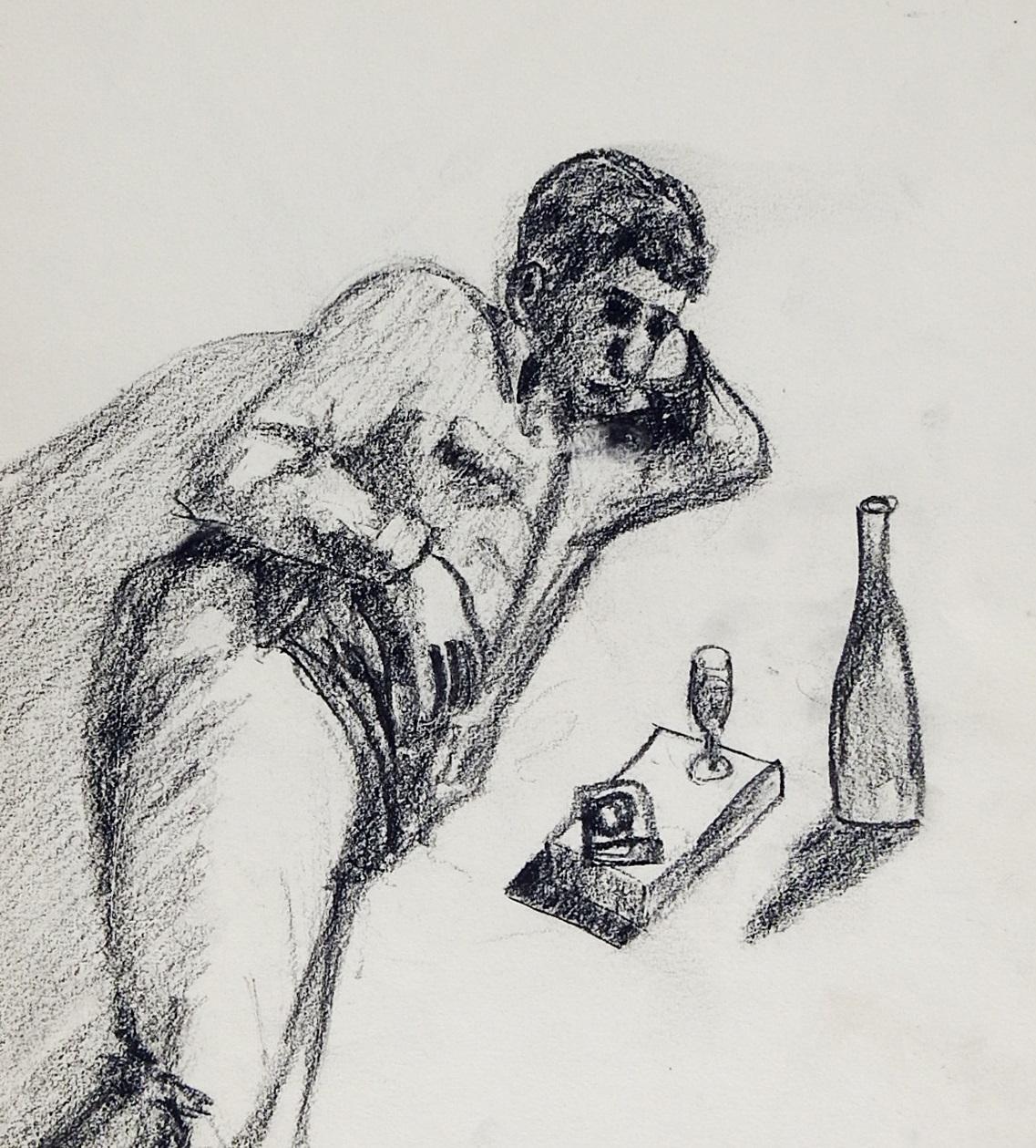 American Vintage Mid-Century Man & Wine Charcoal Drawing For Sale