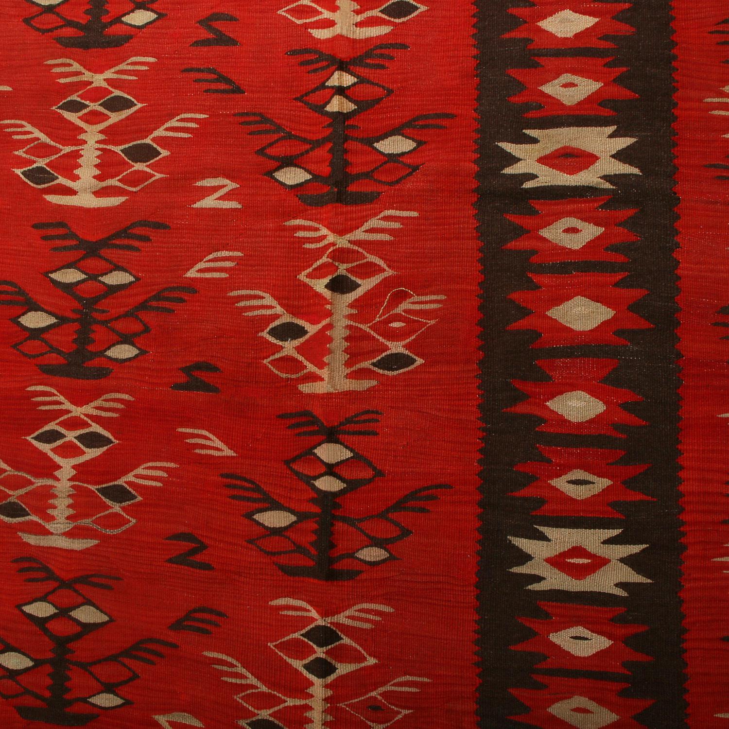 Hand-Woven Handwoven Vintage Tribal Kilim in Red Brown Geometric Patterns by Rug & Kilim For Sale