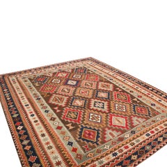 Vintage Midcentury Manastir Red-Brown and Green Wool Kilim Rug by Rug & Kilim