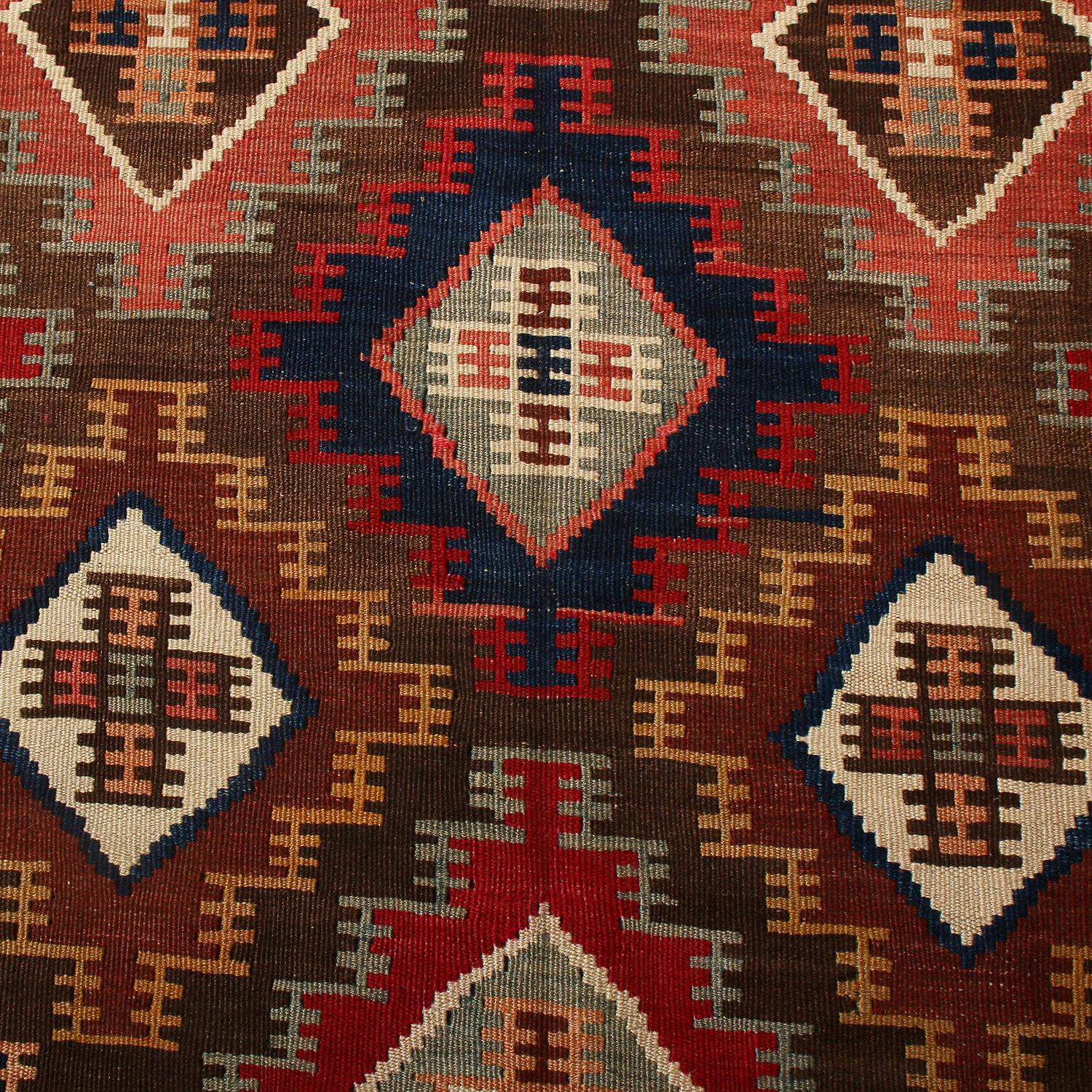 Turkish Vintage Midcentury Manastir Red-Brown and Green Wool Kilim Rug by Rug & Kilim For Sale