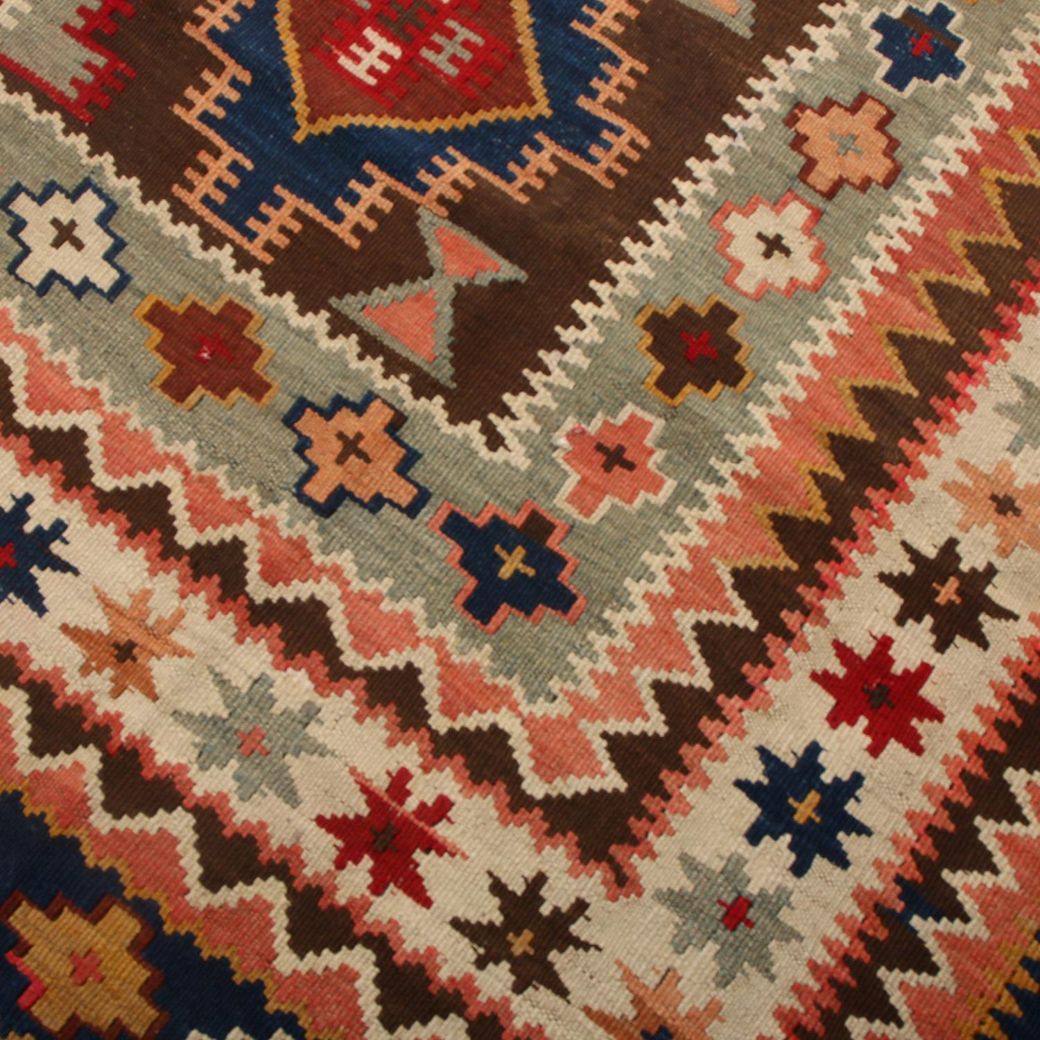Hand-Woven Vintage Midcentury Manastir Red-Brown and Green Wool Kilim Rug by Rug & Kilim For Sale