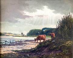 Vintage mid century maritime oil painting with cows and sun breaking the skies