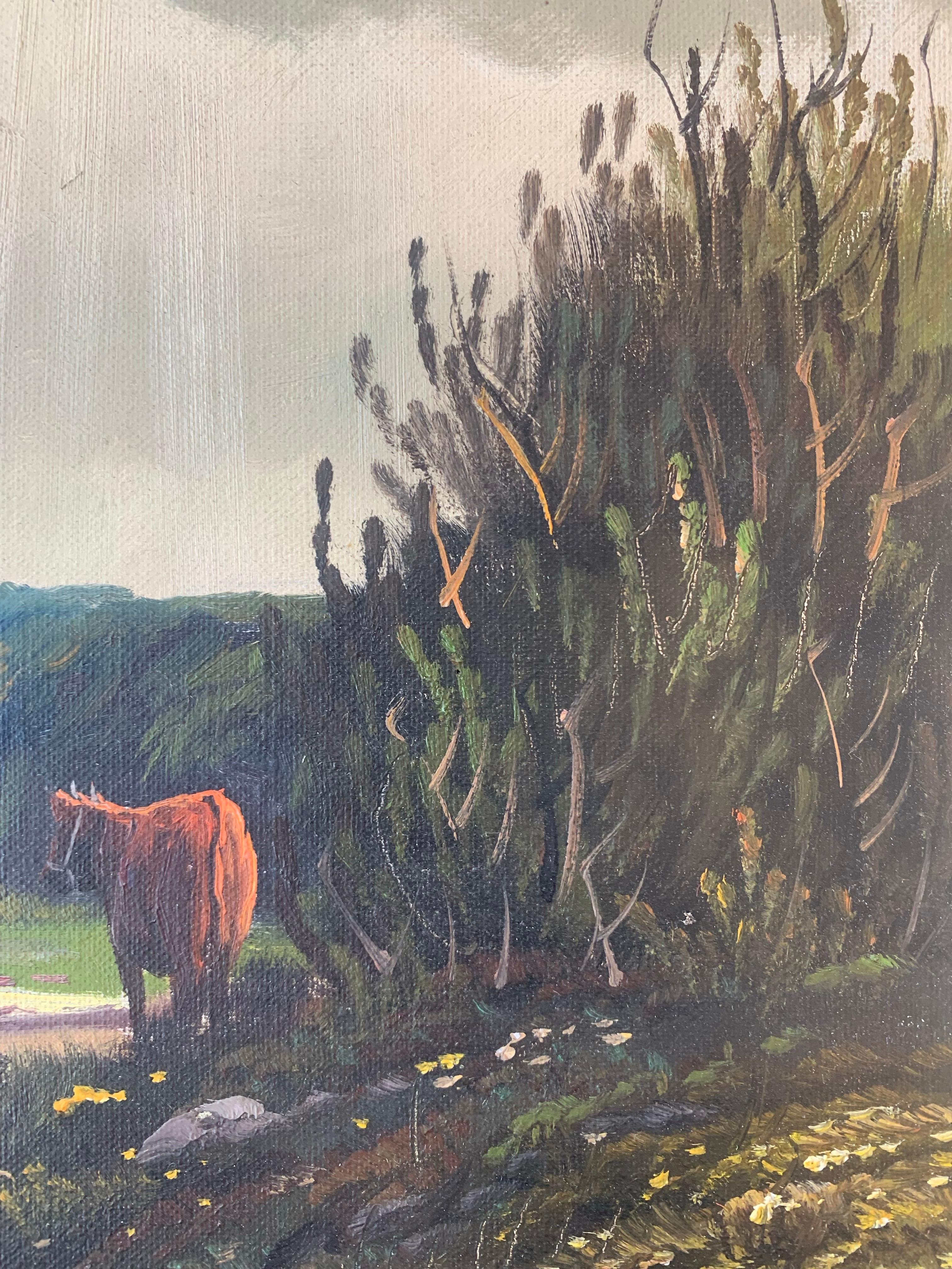 Quadro ad olio marittimo della metà del secolo scorso con mucche e sole che squarcia il cielo In condizioni buone in vendita a Ebberup, DK