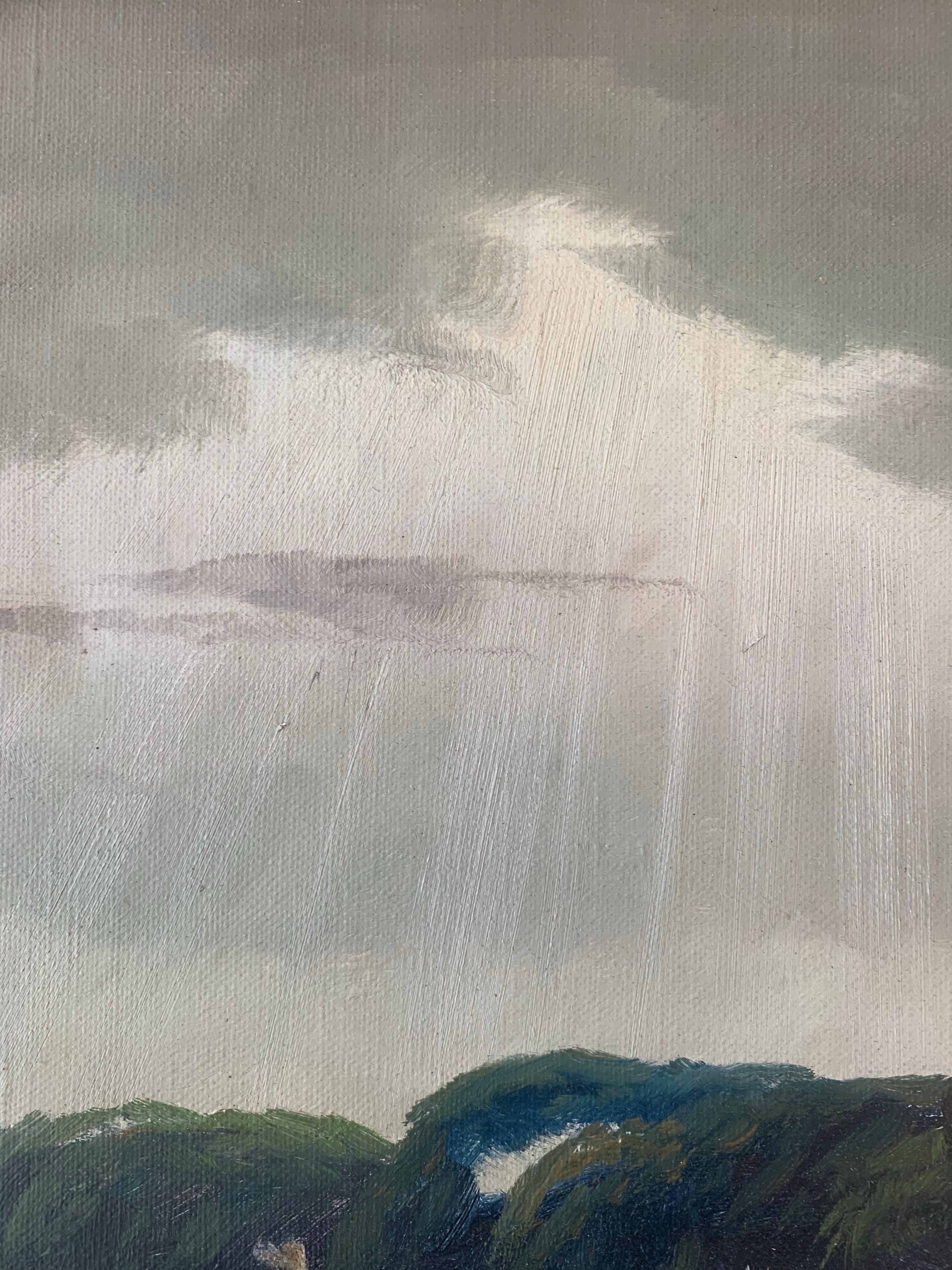 XX secolo Quadro ad olio marittimo della metà del secolo scorso con mucche e sole che squarcia il cielo in vendita