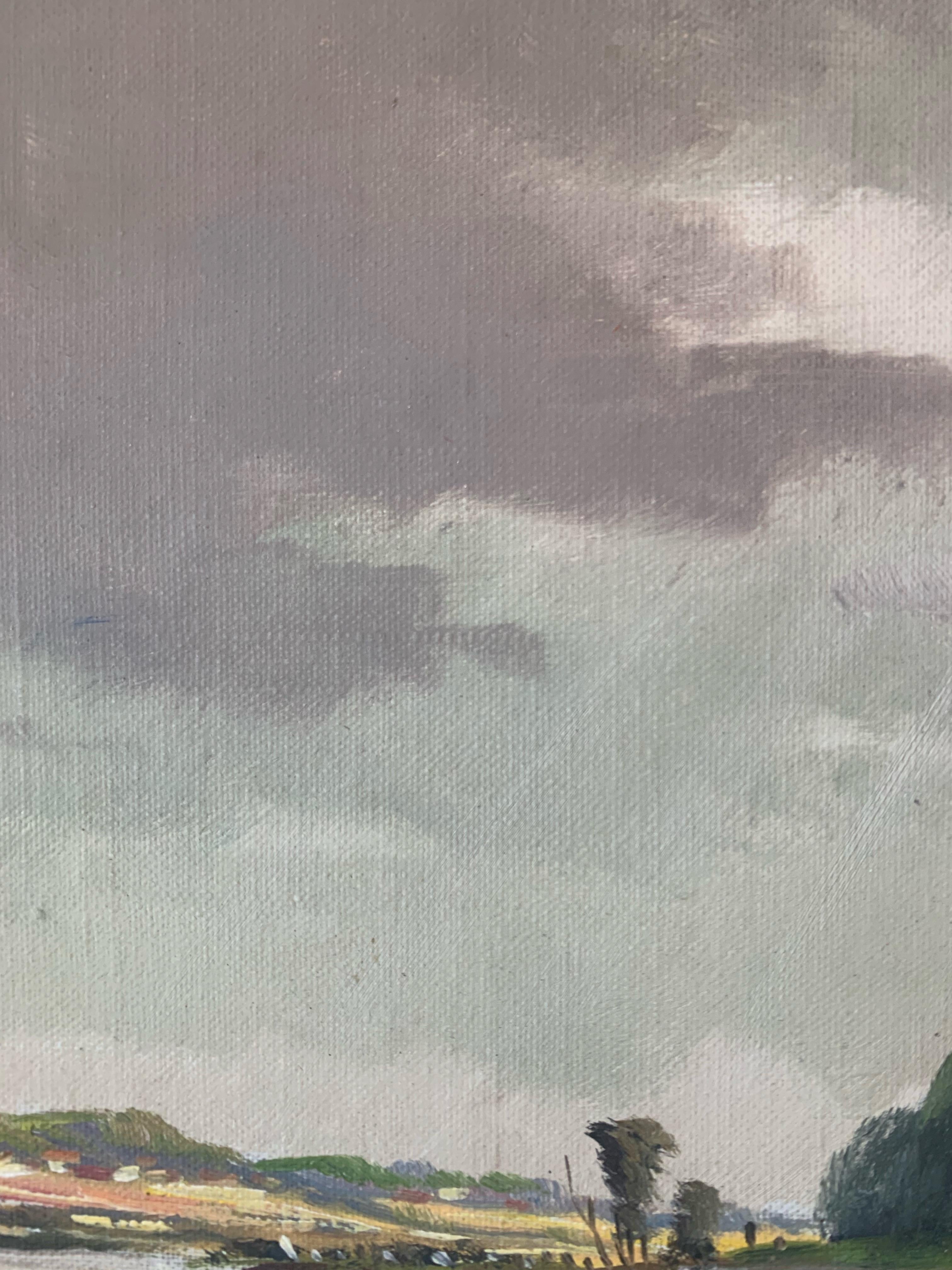 Pittura Quadro ad olio marittimo della metà del secolo scorso con mucche e sole che squarcia il cielo in vendita