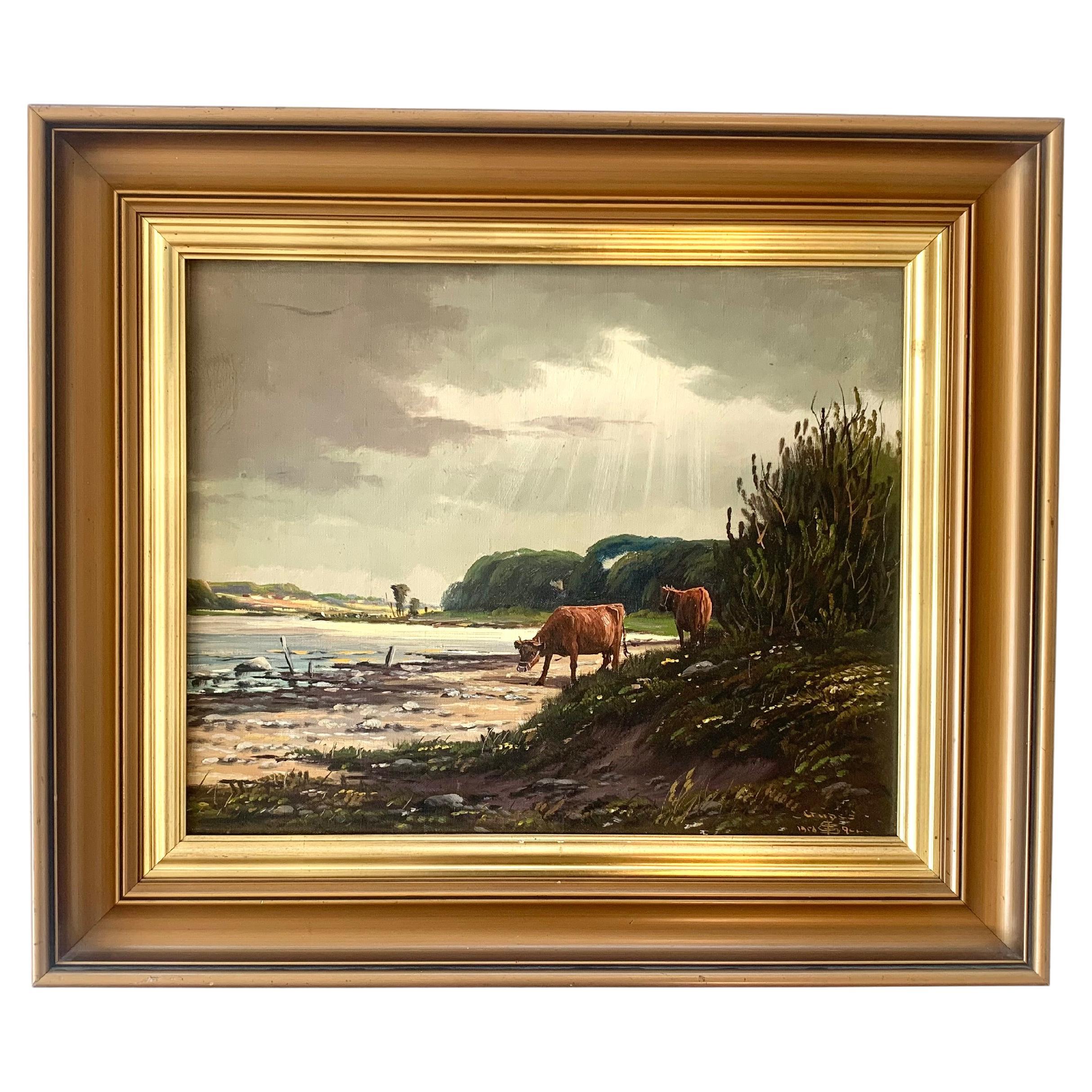 Vintage mid century maritime peinture à l'huile avec des vaches et le soleil brisant les cieux.