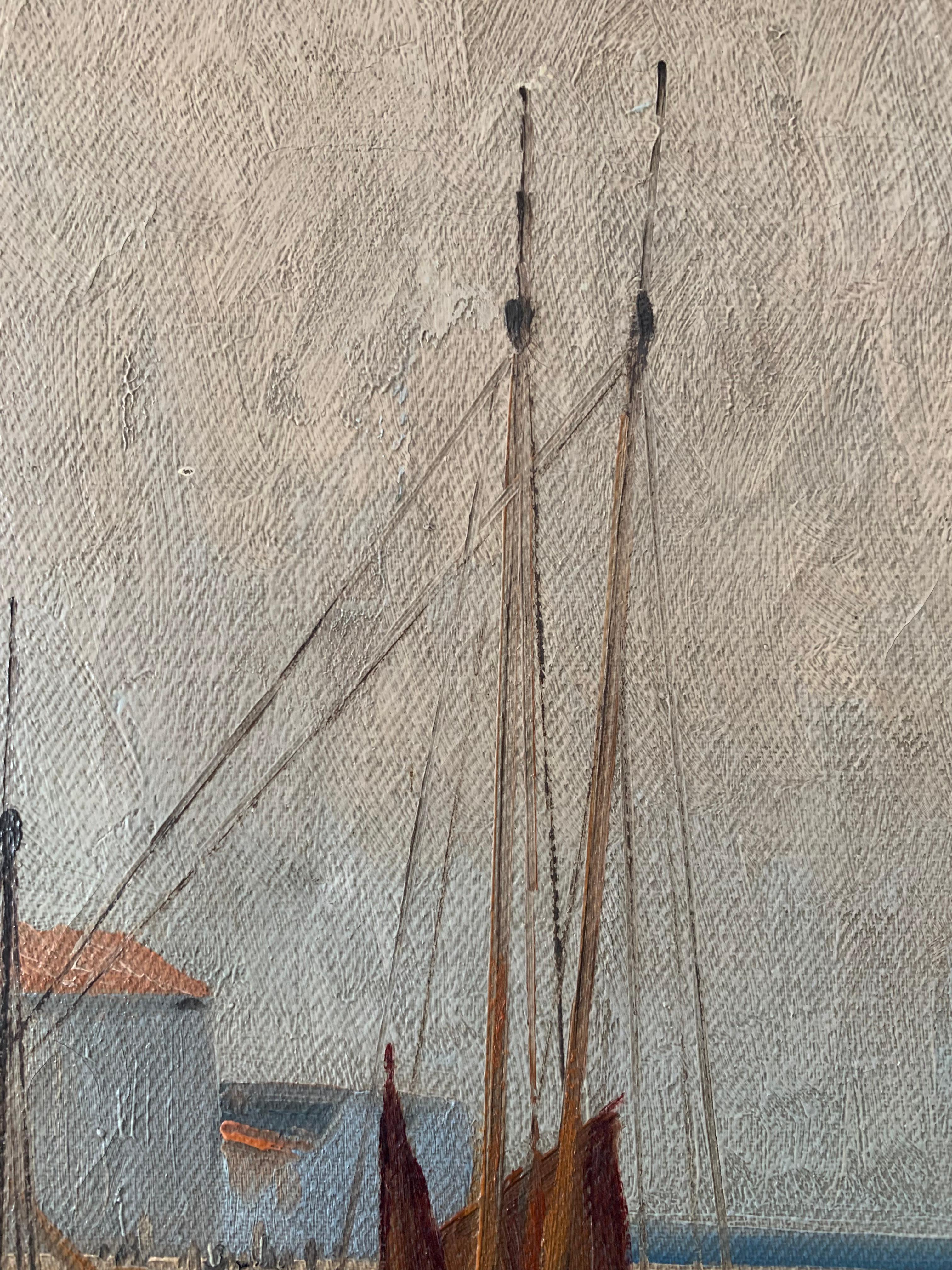 Vintage Mitte des Jahrhunderts maritime Ölgemälde mit Segelbooten im Yachthafen im Angebot 3
